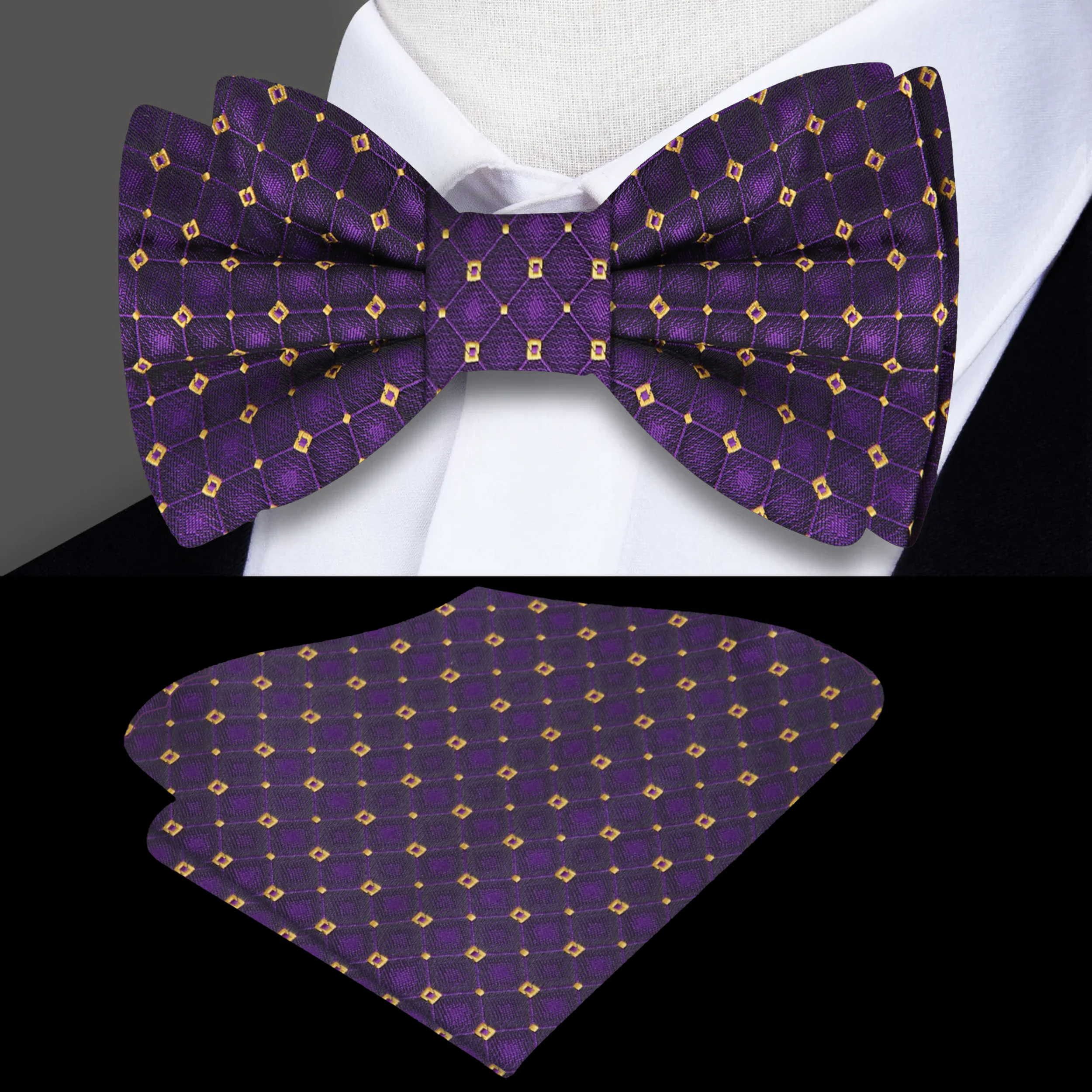 Display of the bow tie alongside a matching pocket square, highlighting its elegant design.