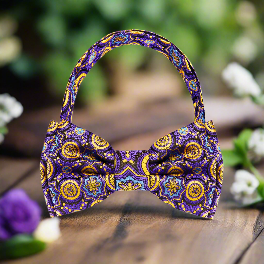 Close-up detail of the geometric pattern on a luxurious silk bow tie