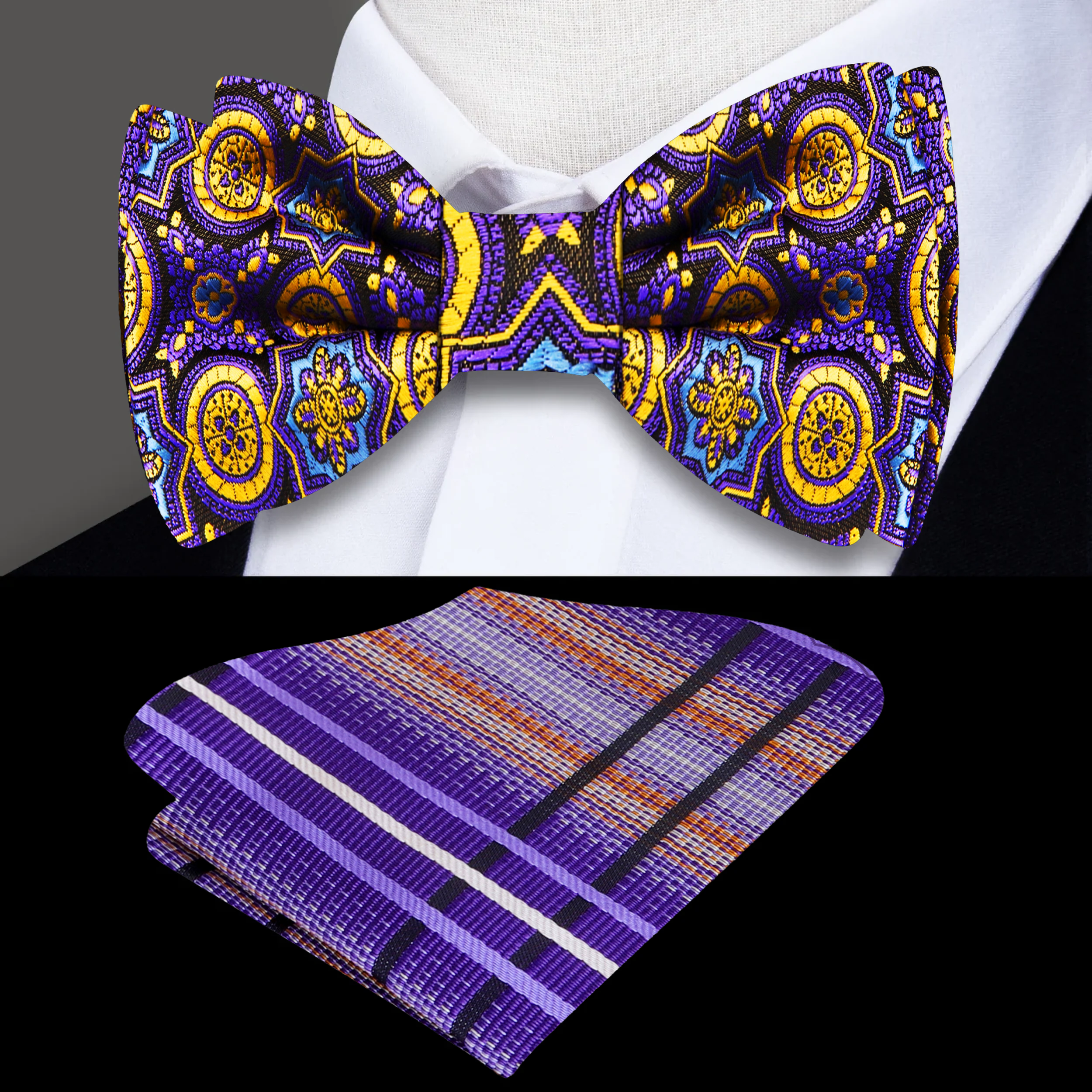 Front view of a geometric silk bow tie in purple and gold for formal wear