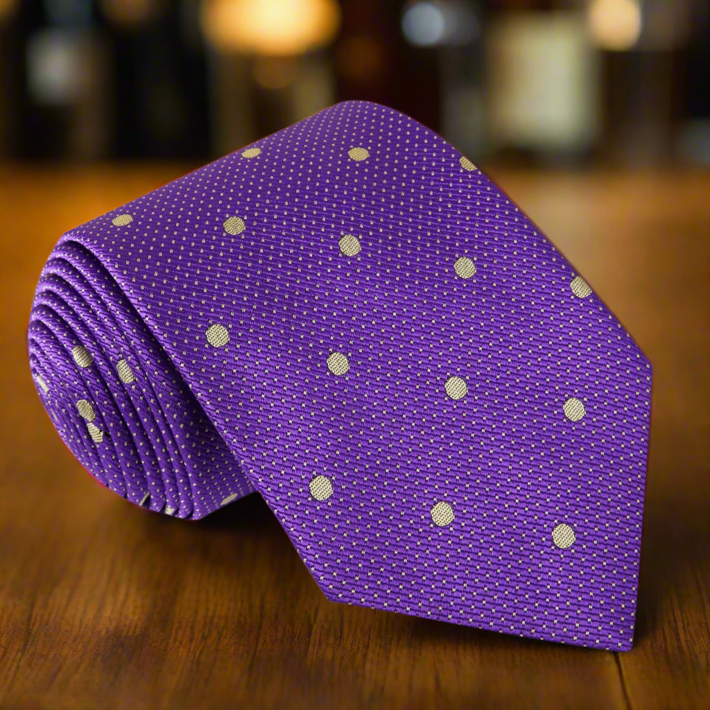 Close-up of purple polka dot silk tie with gold accents, ideal for formal wear
