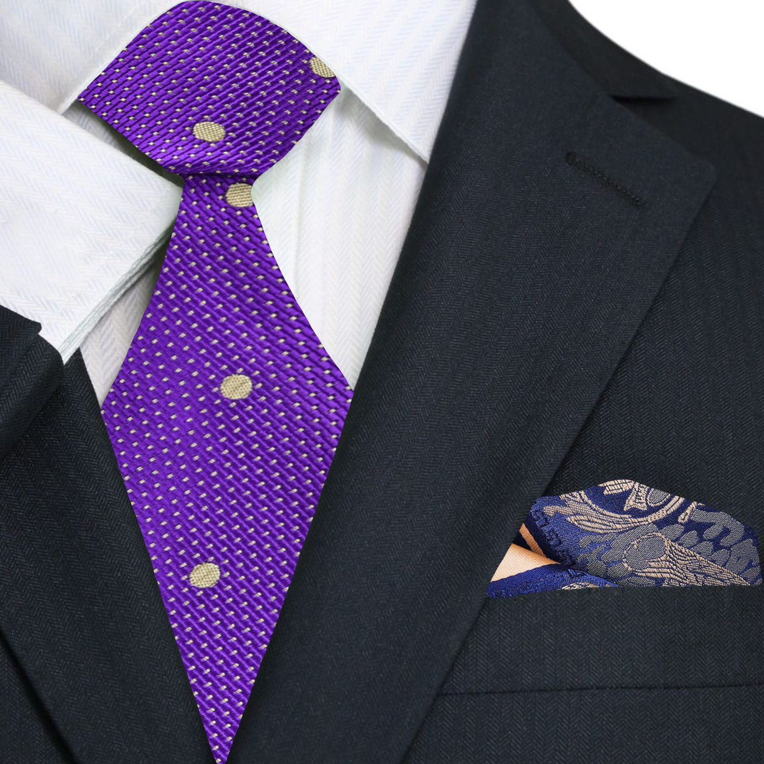 Man wearing a purple polka dot tie with a white dress shirt and navy suit