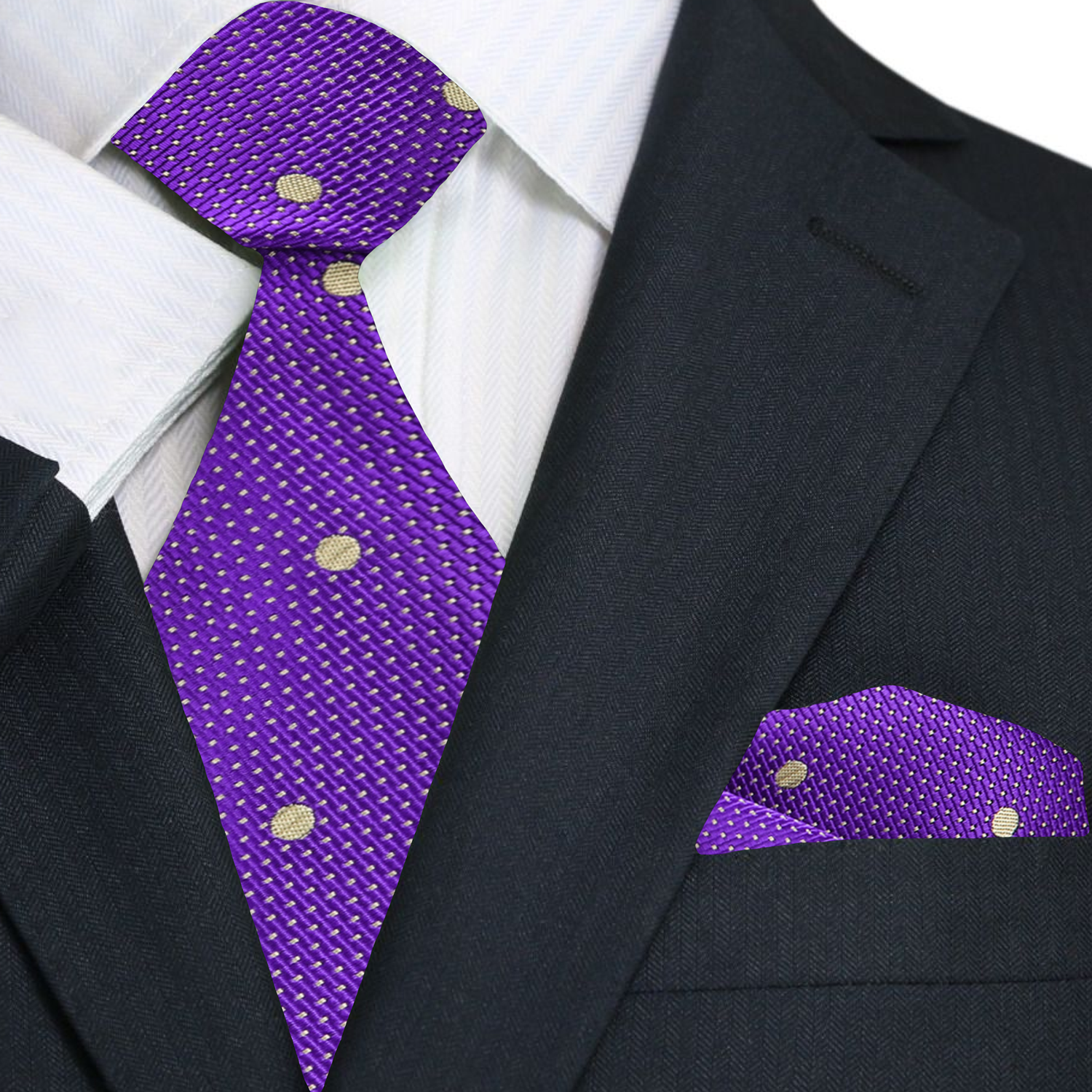 Close-up of purple polka dot silk tie with gold accents, ideal for formal wear