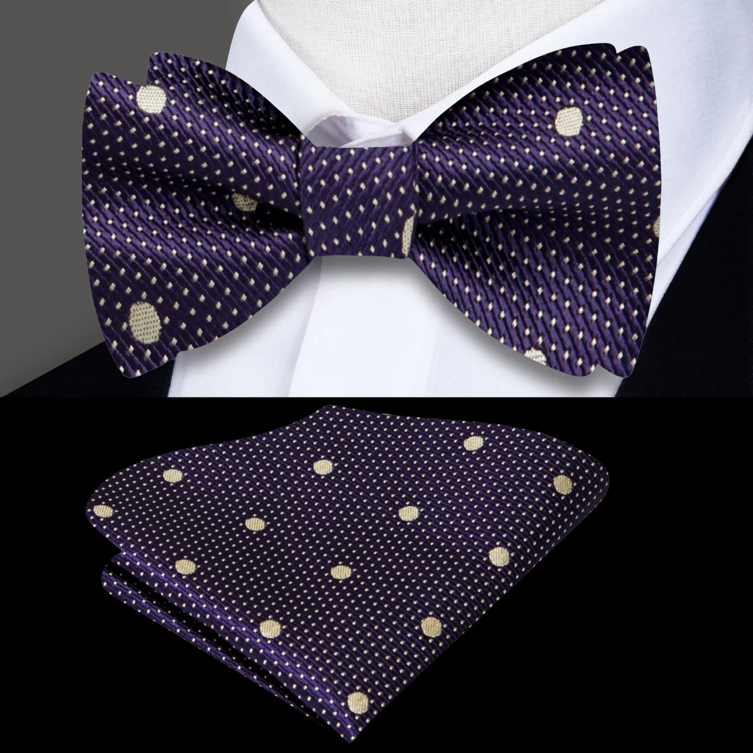 Self-tie bow tie with polka dot pattern, adjustable for perfect fit
