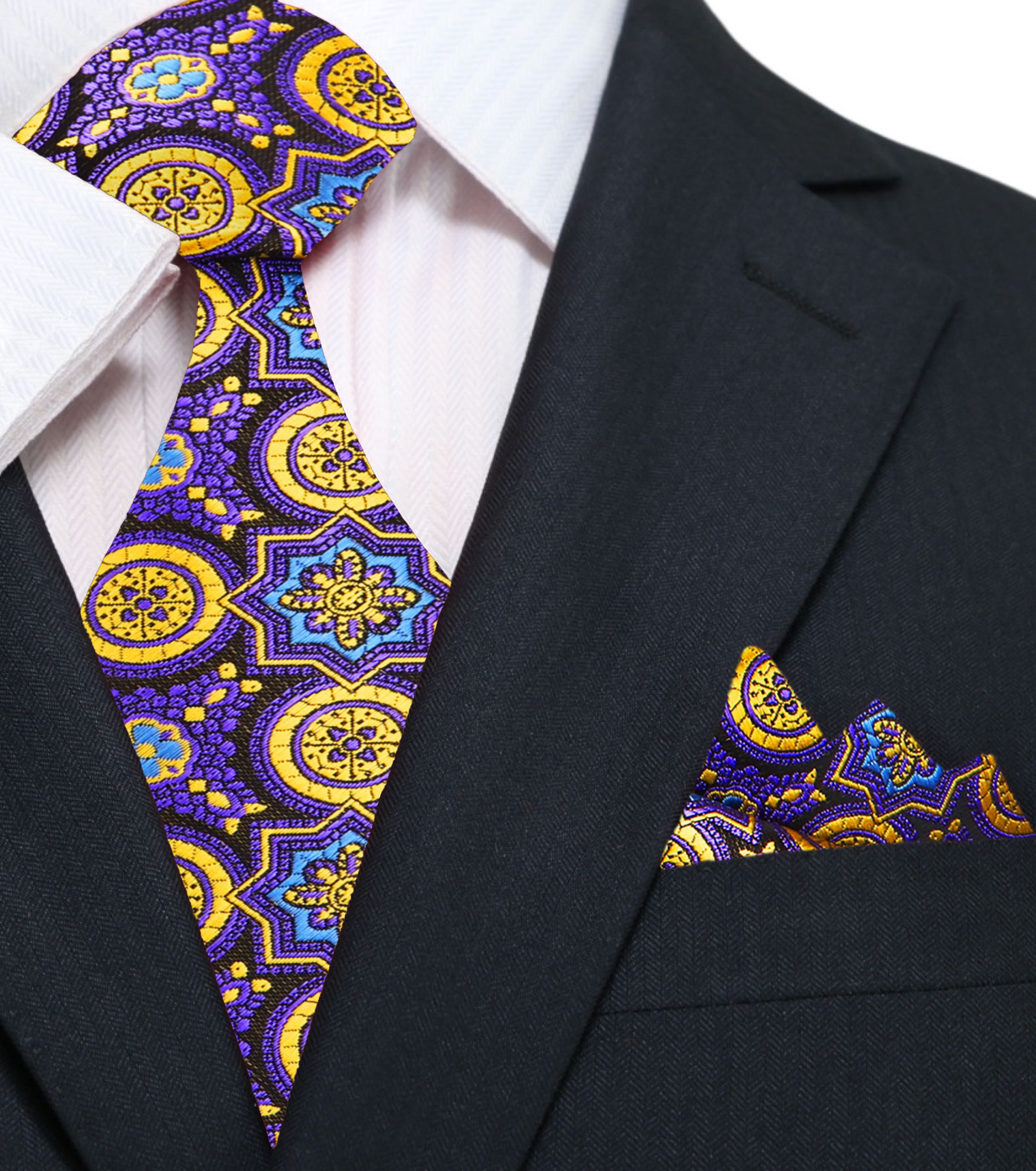 Man wearing the geometric tie with a matching pocket square at a formal event