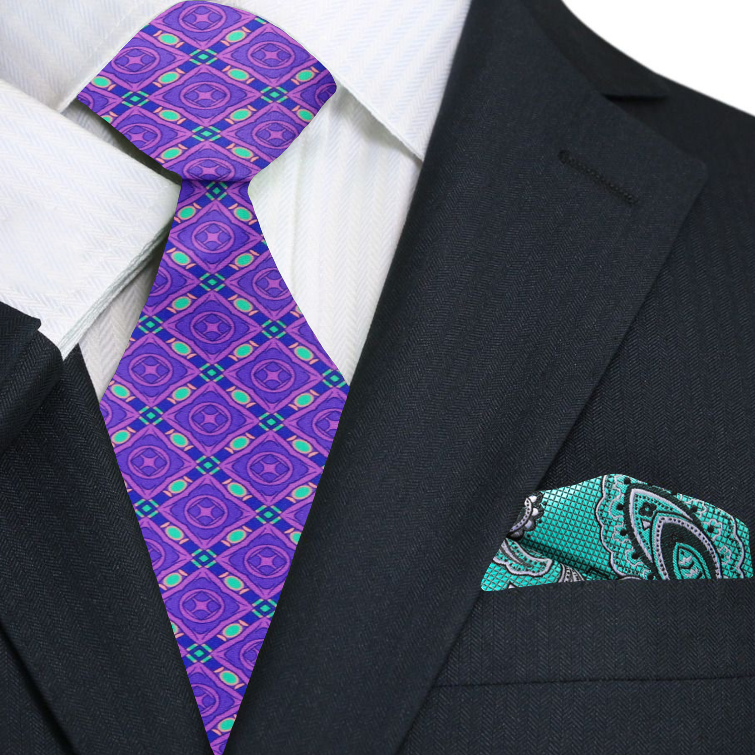 Close-up view of the geometric silk tie highlighting the intricate design and luxurious silk texture.