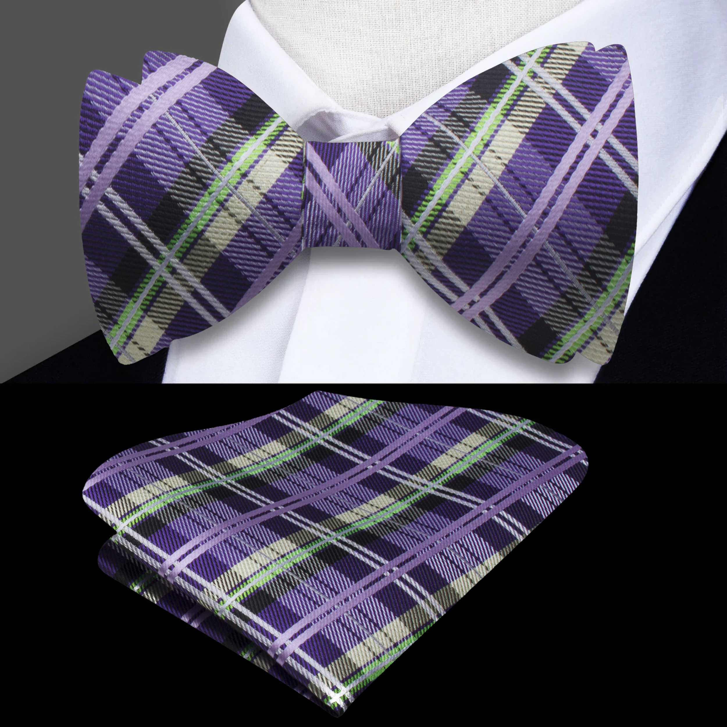 Vibrant plaid bow tie in purple and green, perfect for weddings and formal events