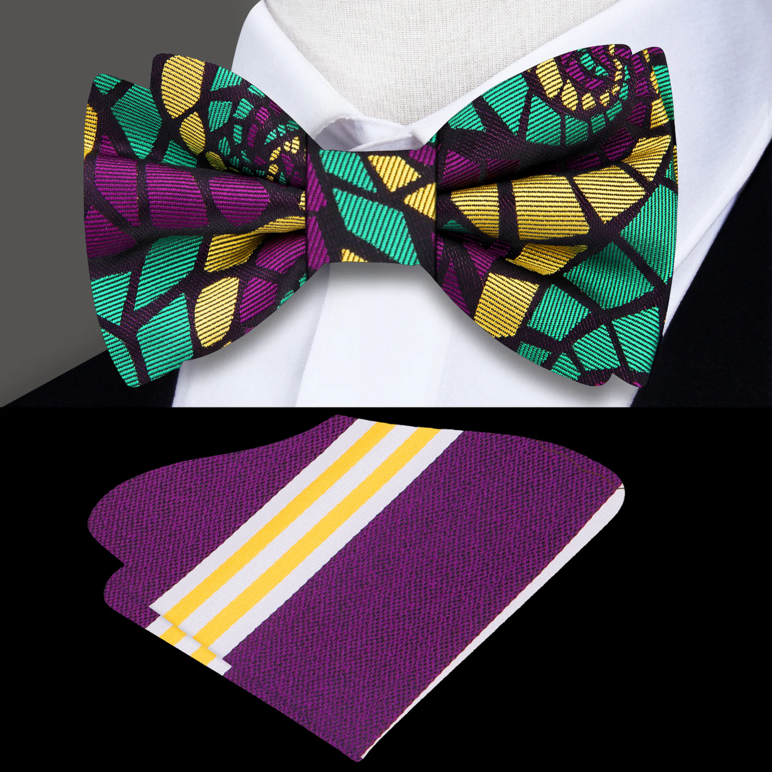 Close-up of vibrant abstract swirl bow tie showcasing purple, green, and yellow colors, ideal for formal wear.
