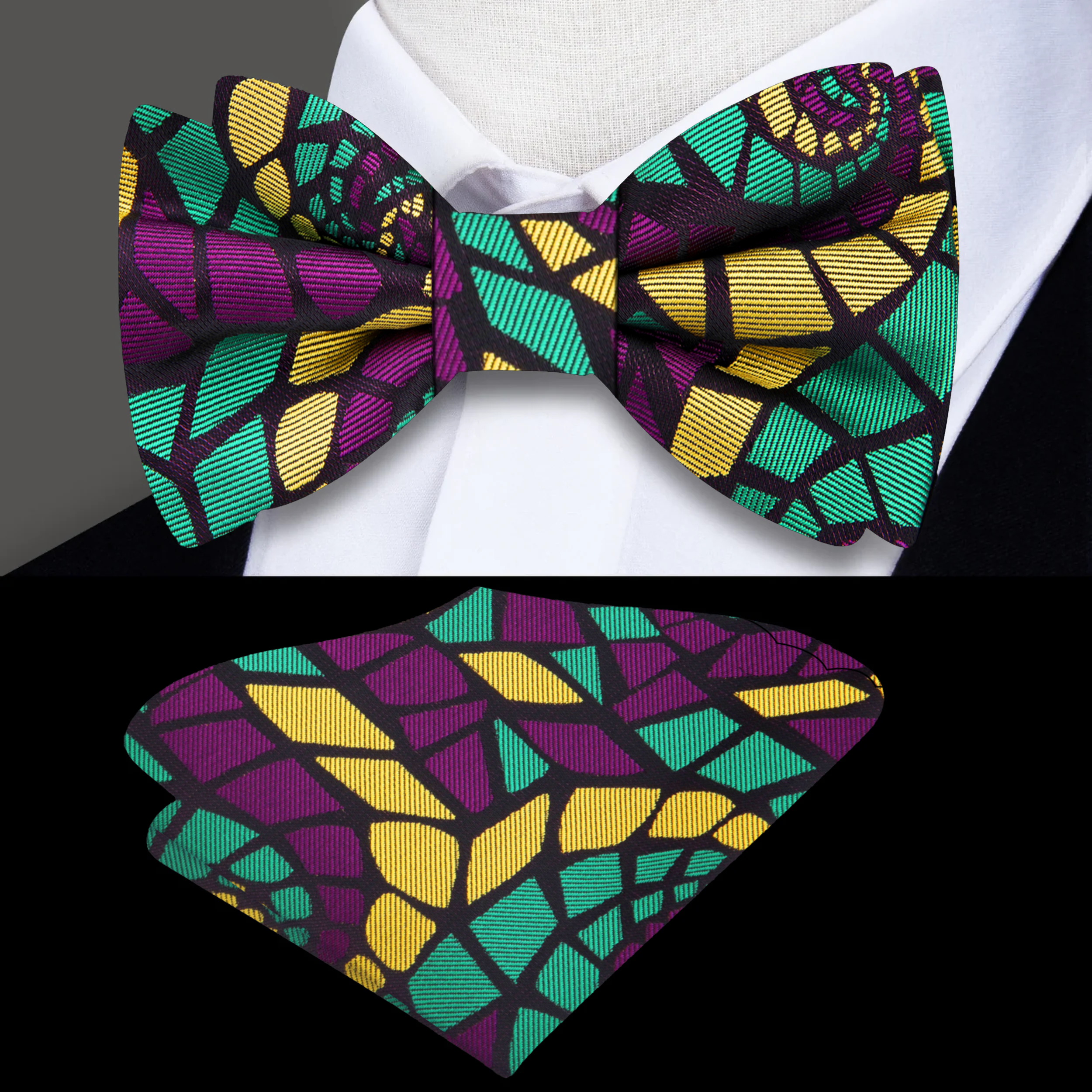 Vibrant abstract swirl bow tie displayed with matching pocket square, elegantly styled for a wedding outfit.