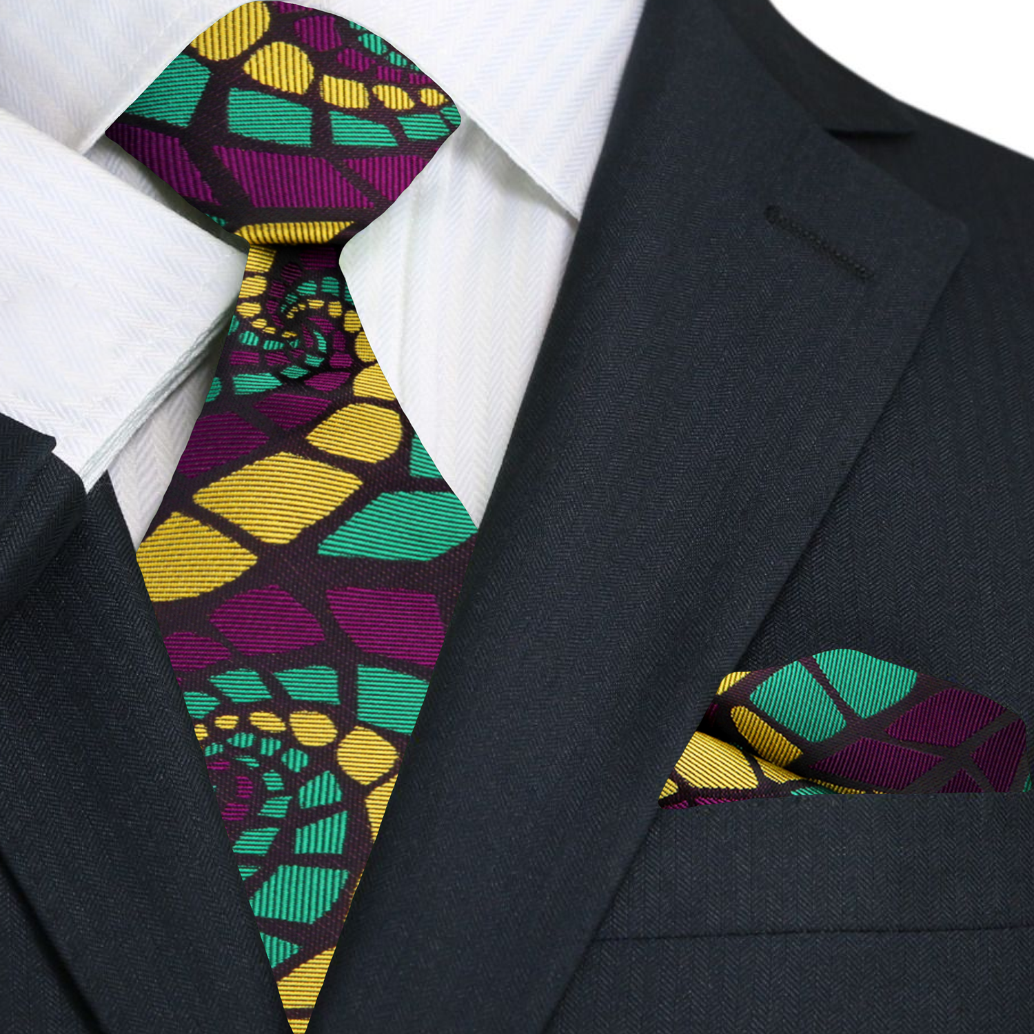 Close-up of silk tie in vibrant purple with subtle sheen, laid beside matching silk pocket square