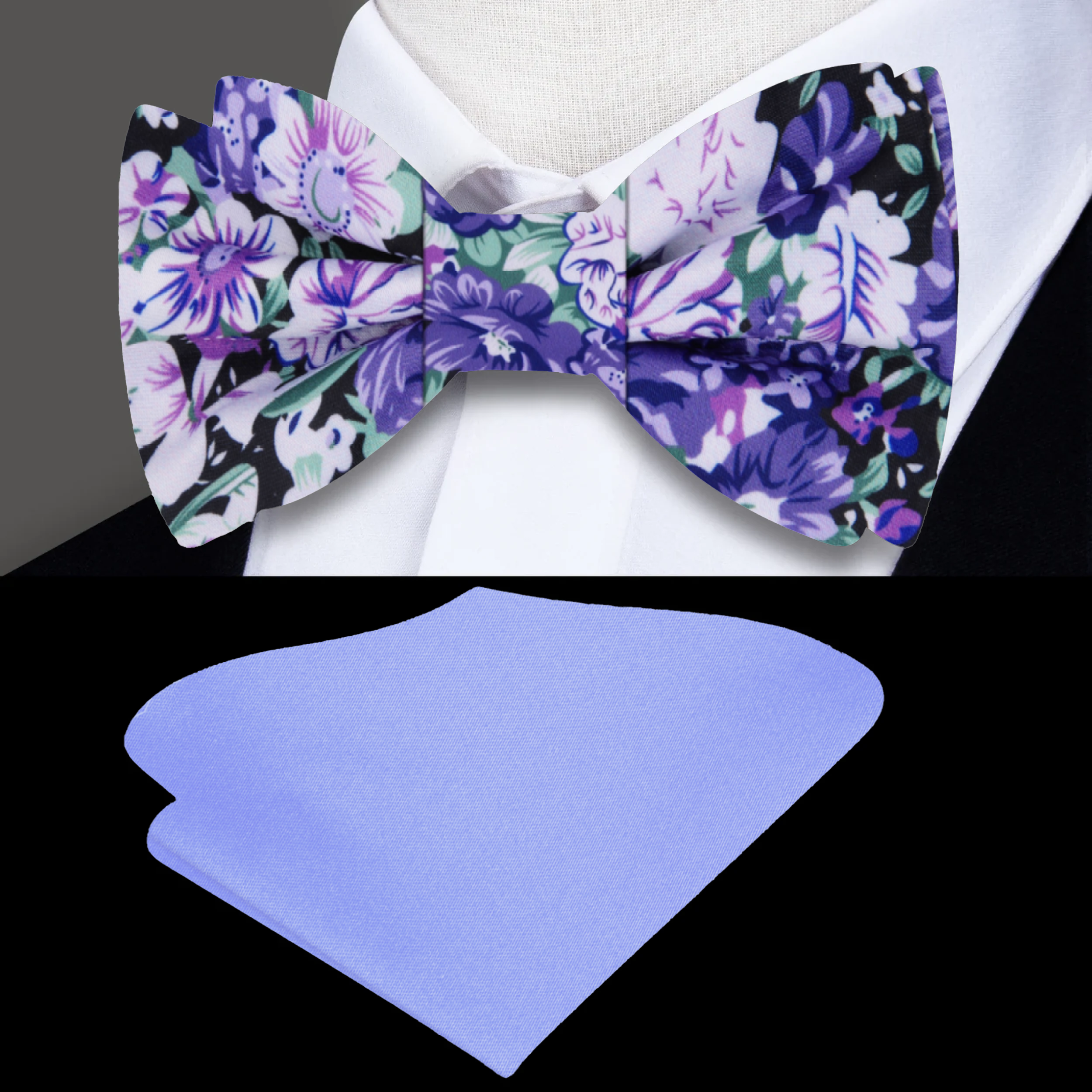 Elegant floral bow tie in purple, green, and white with detailed botanical pattern