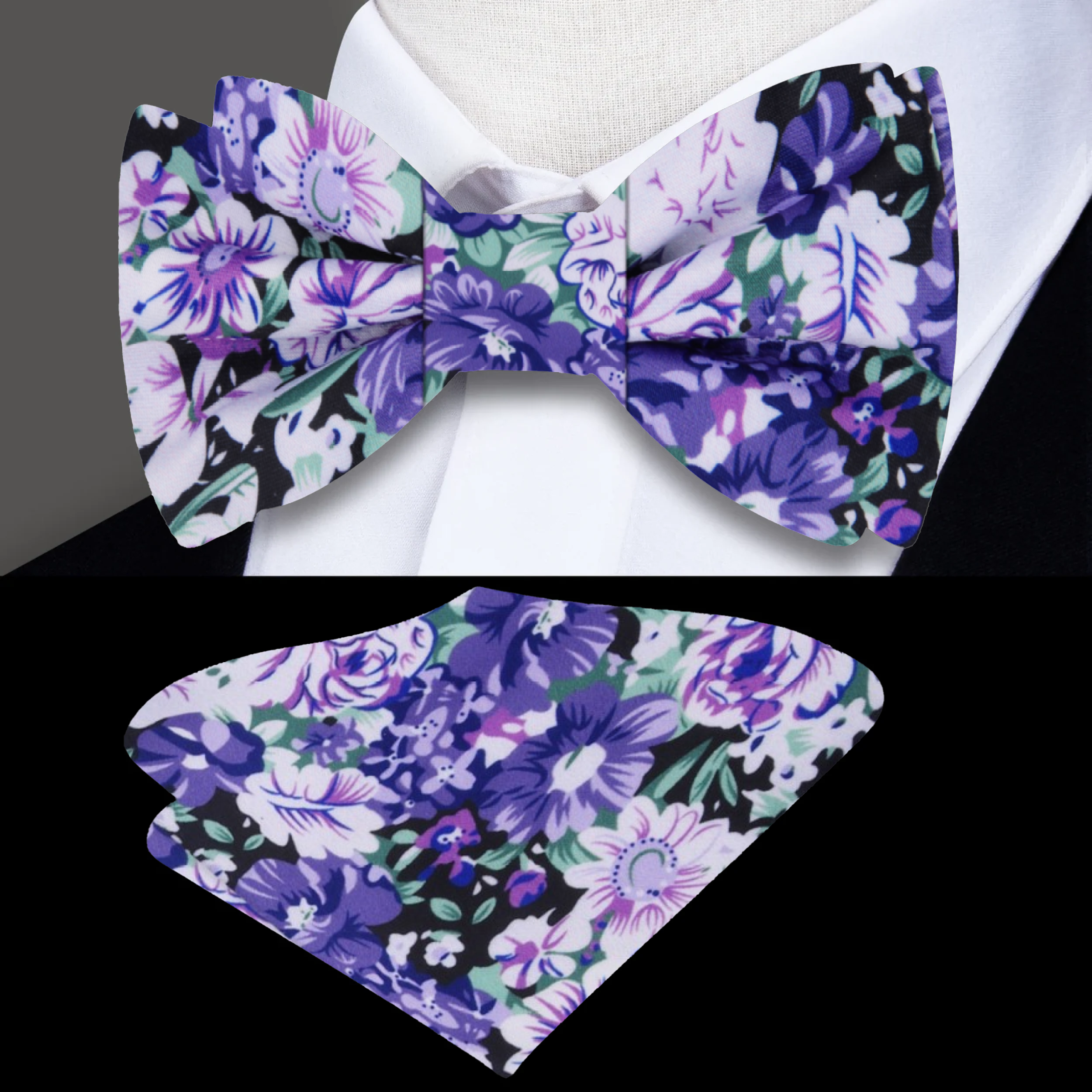 Man wearing a floral bow tie with a white dress shirt for spring wedding