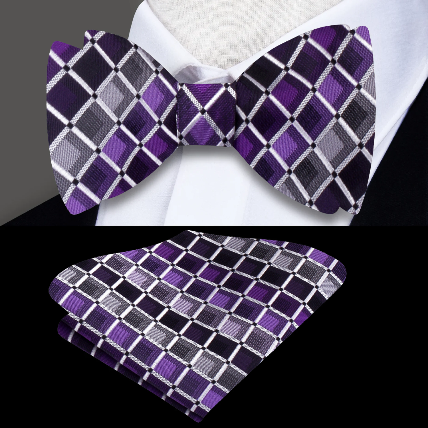 Model wearing the self-tie bow tie with a classic suit at a wedding