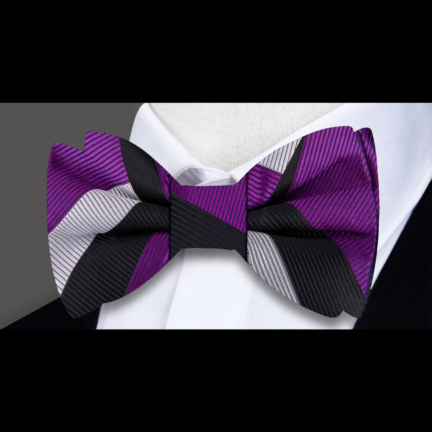 Front view of kids Westcott bow tie with pocket square in purple for formal occasions