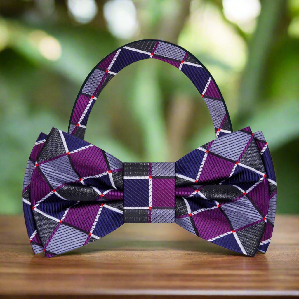 Close-up of a premium geometric bow tie showcasing intricate pattern and silk fabric