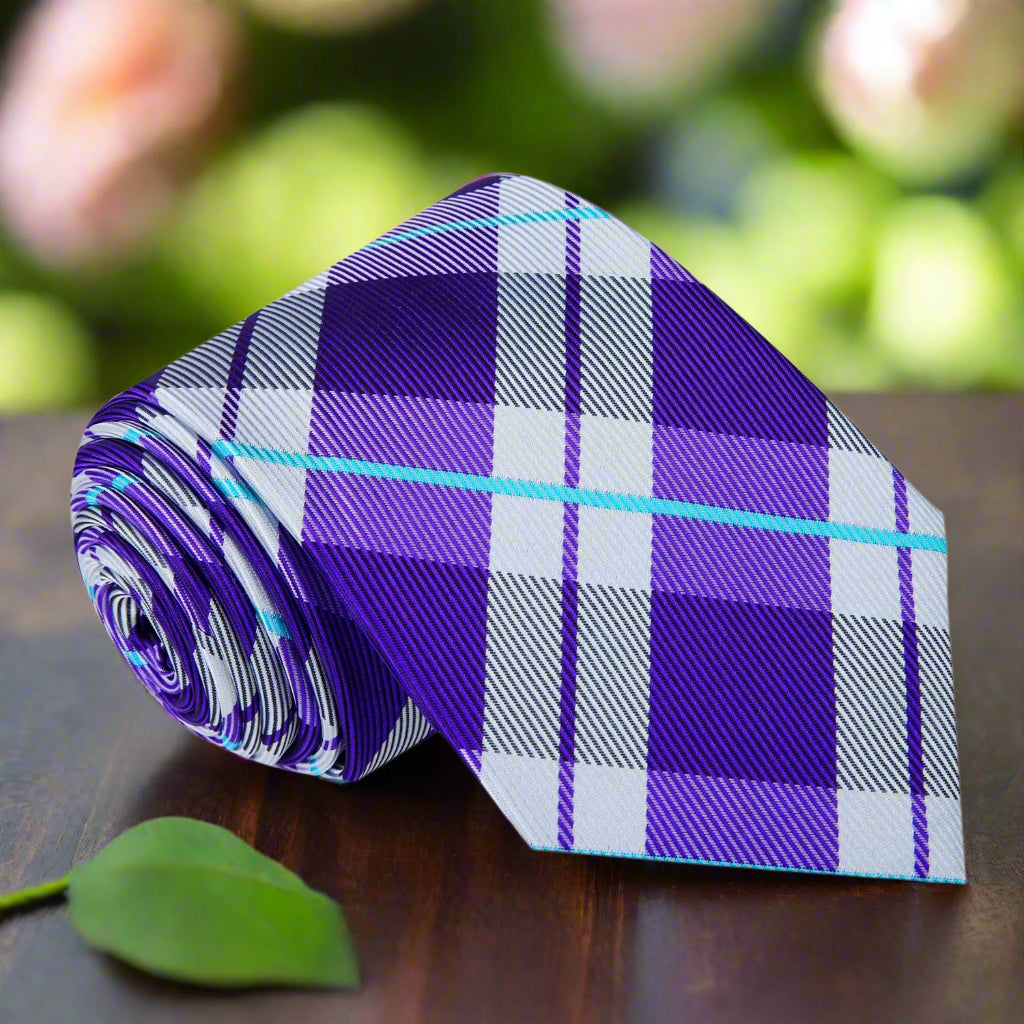 Men wearing the plaid necktie with a navy suit at a wedding