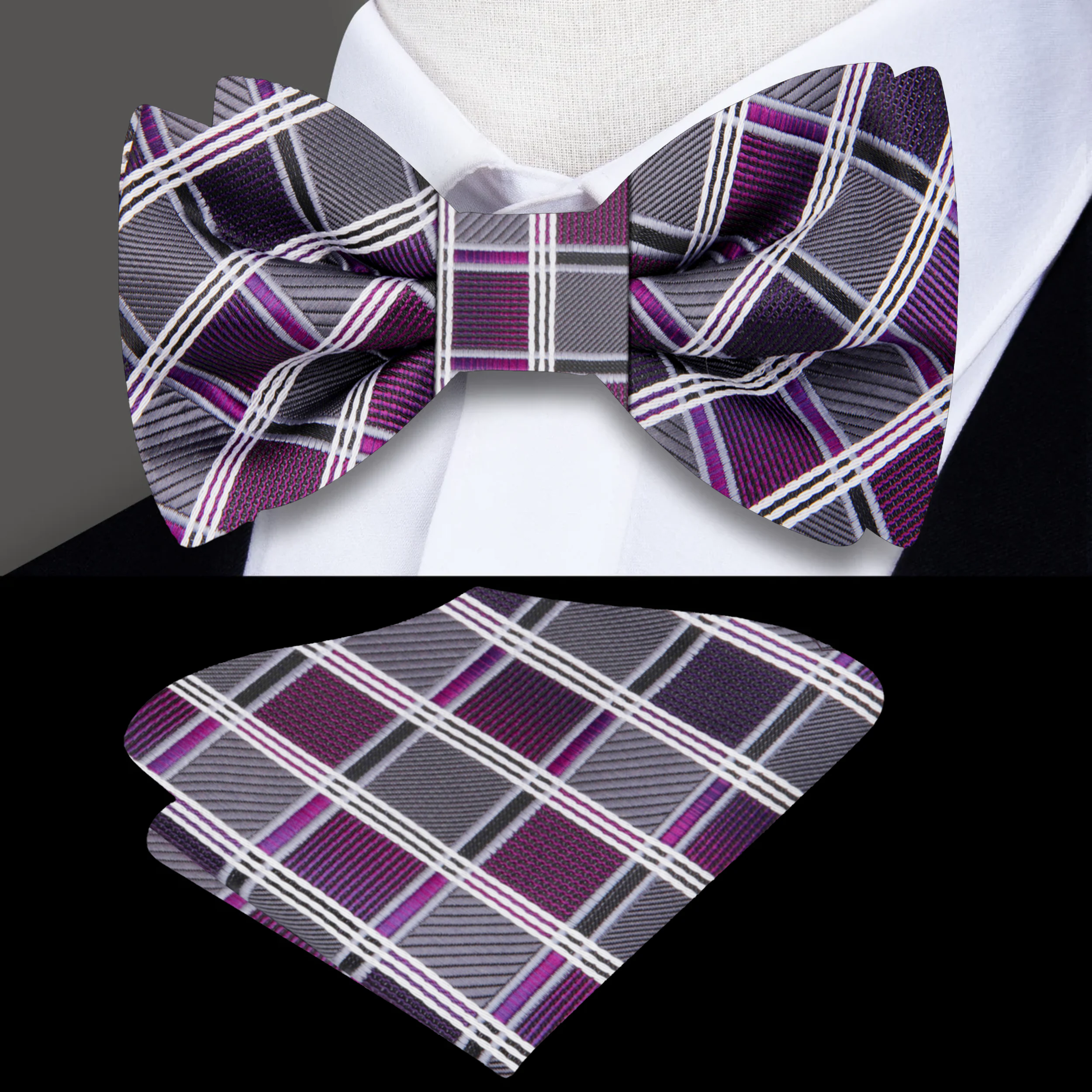 Front view of the Paramount plaid bow tie in grey and orange, perfect for formal wear