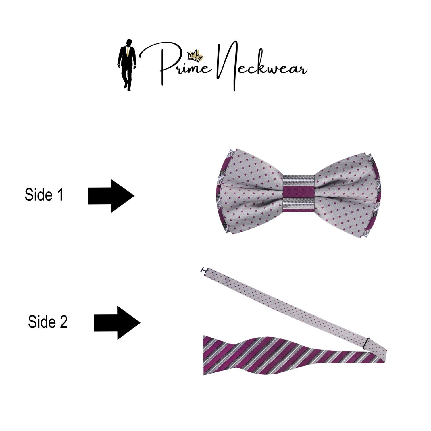 Close-up of double-sided silk bow tie with polka dot pattern for weddings
