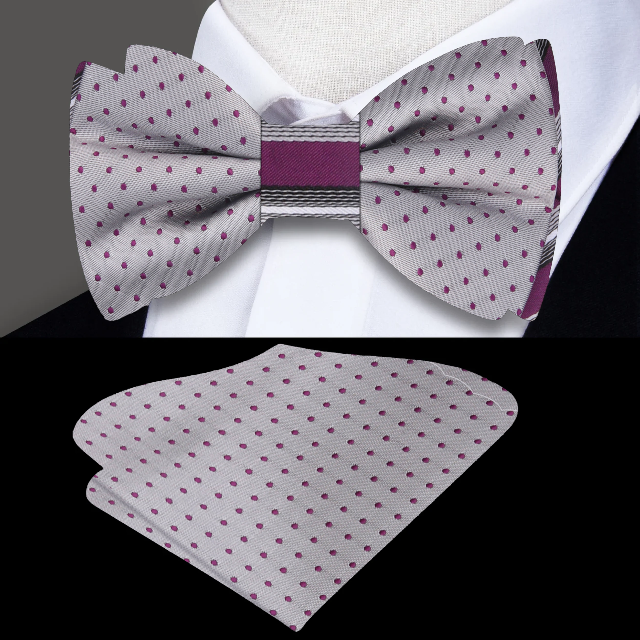 Styled shot of silk bow tie with purple and silver patterns for formal occasions