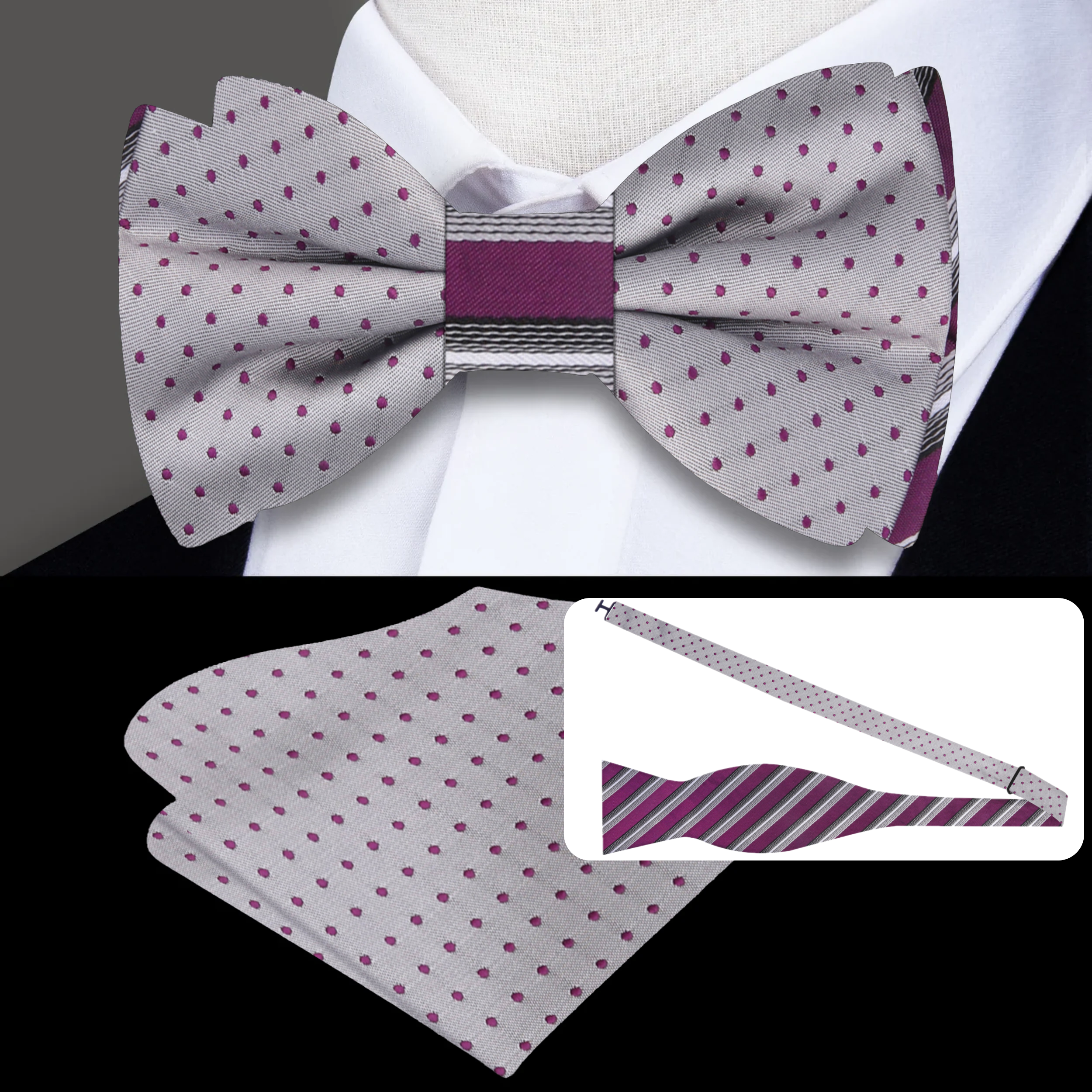 Close-up of double-sided silk bow tie with polka dot pattern for weddings