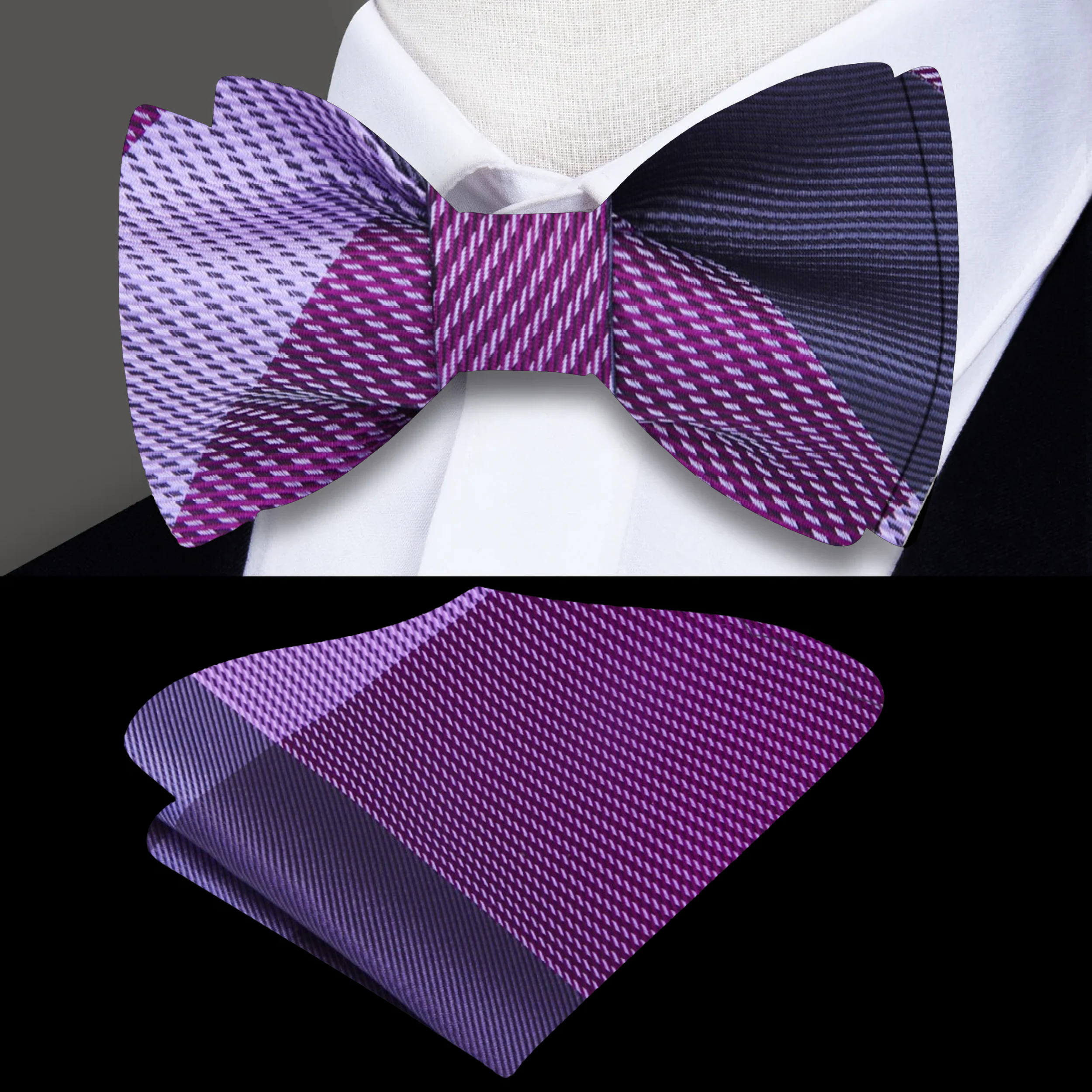 Close-up of a purple plaid bow tie on a mannequin for wedding attire