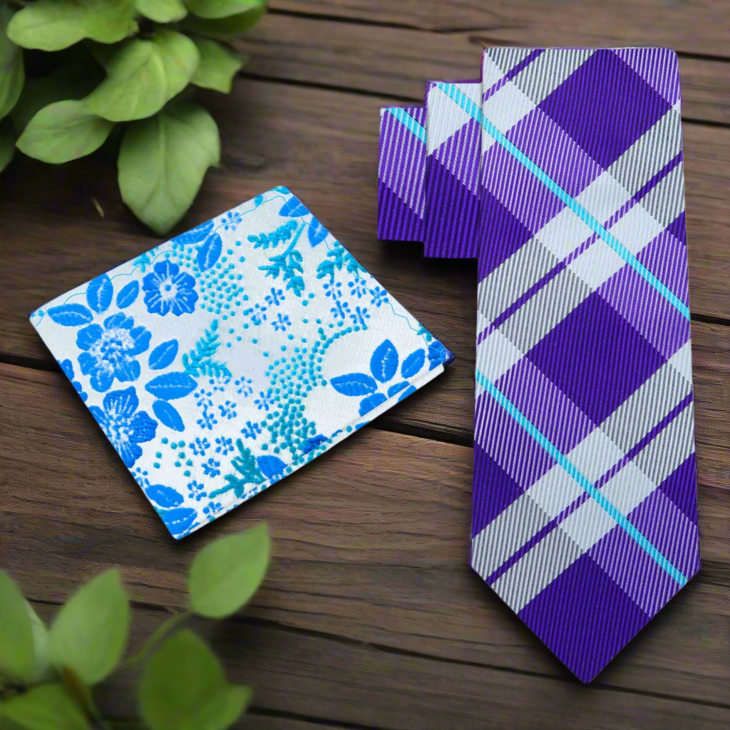 Bransforth plaid necktie in light purple and blue, front view