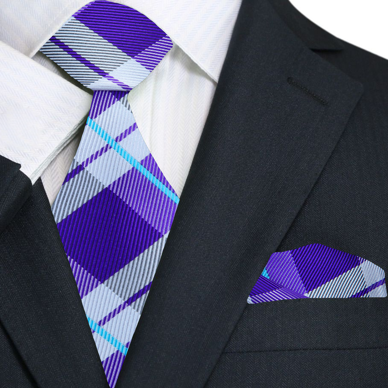 Men wearing the plaid necktie with a navy suit at a wedding