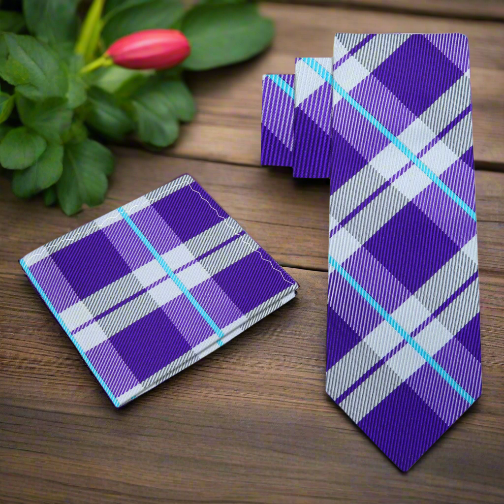 Close-up of the silk fabric and plaid pattern on the mens tie