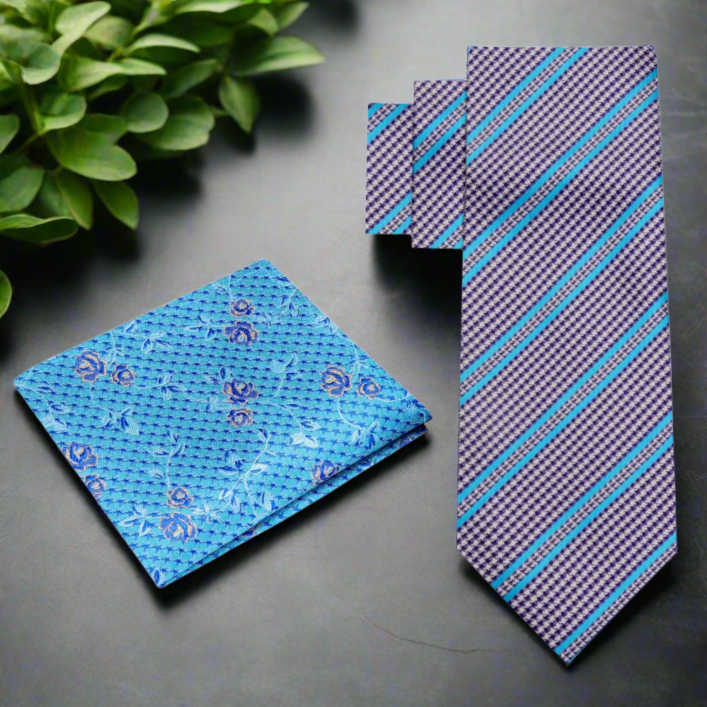 Silk necktie displayed with a matching pocket square on a dress form