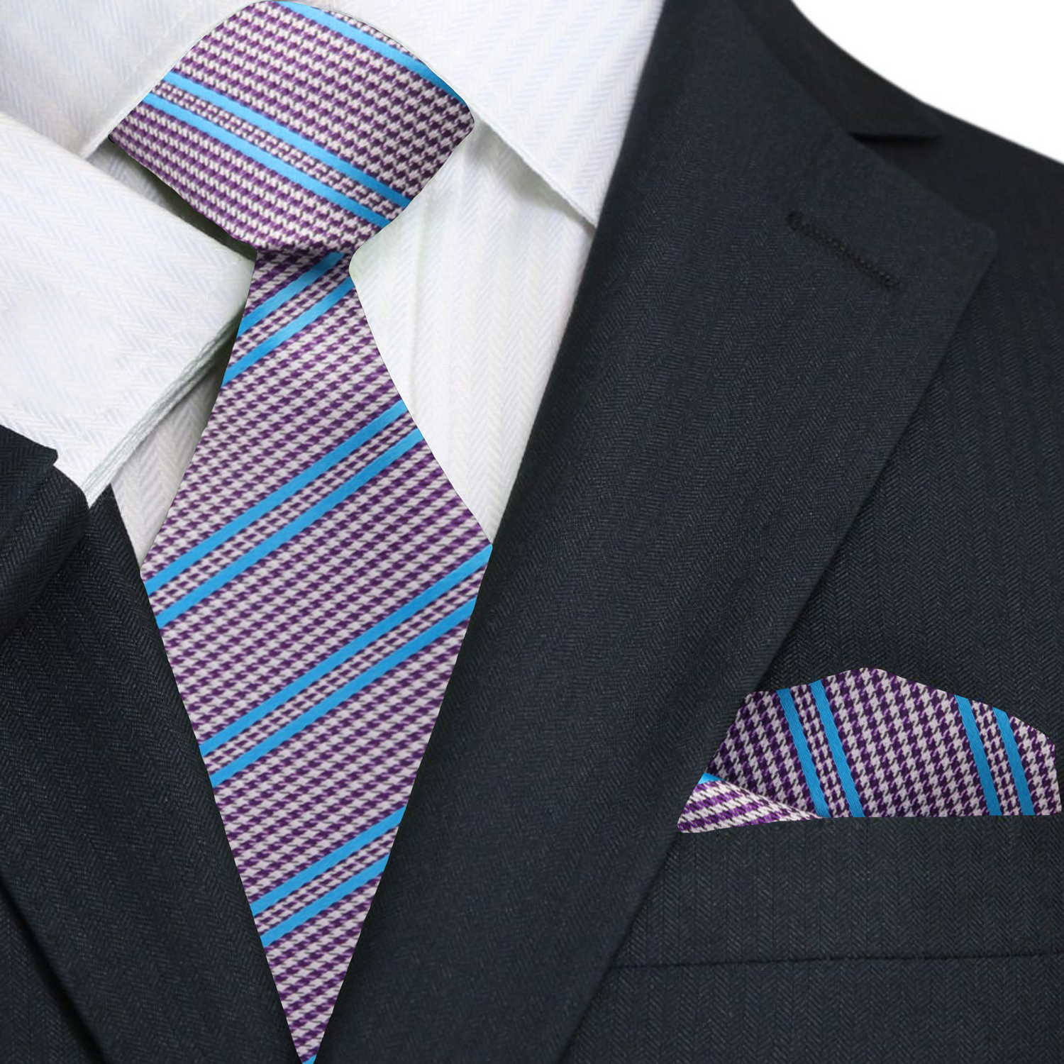 Close-up of light purple and blue striped silk necktie with houndstooth pattern