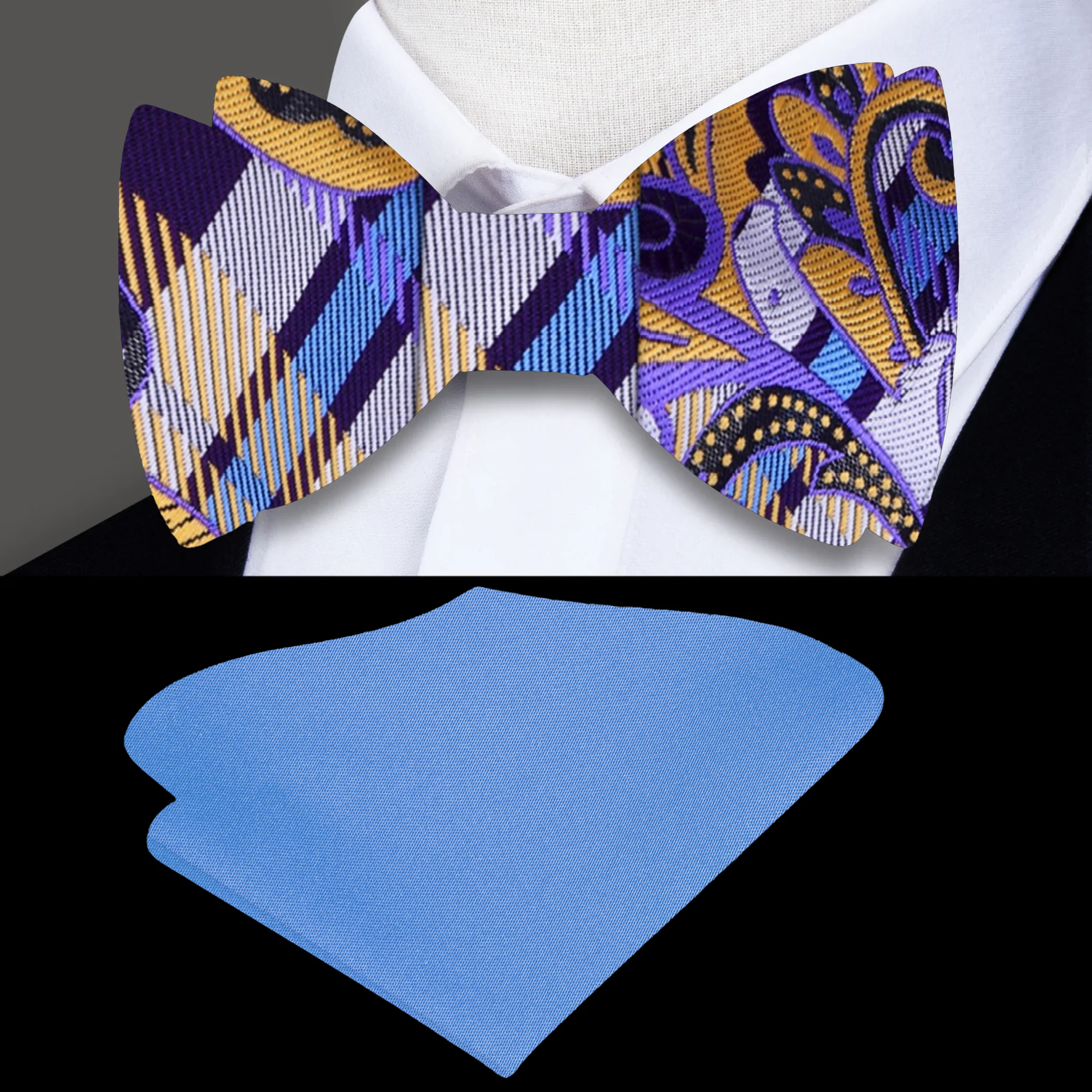 Elegant purple and gold paisley silk bow tie worn with formal attire
