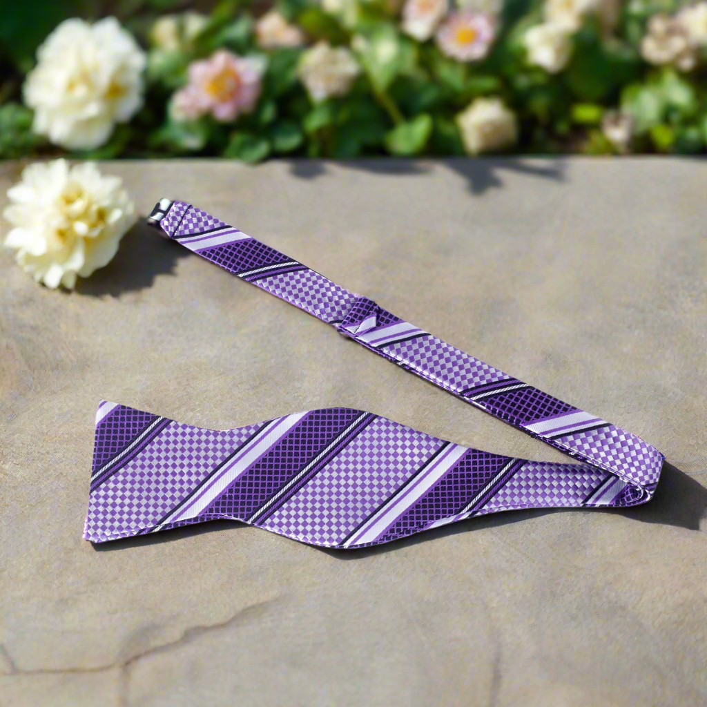 Close-up of the textured check pattern on a silk bow tie