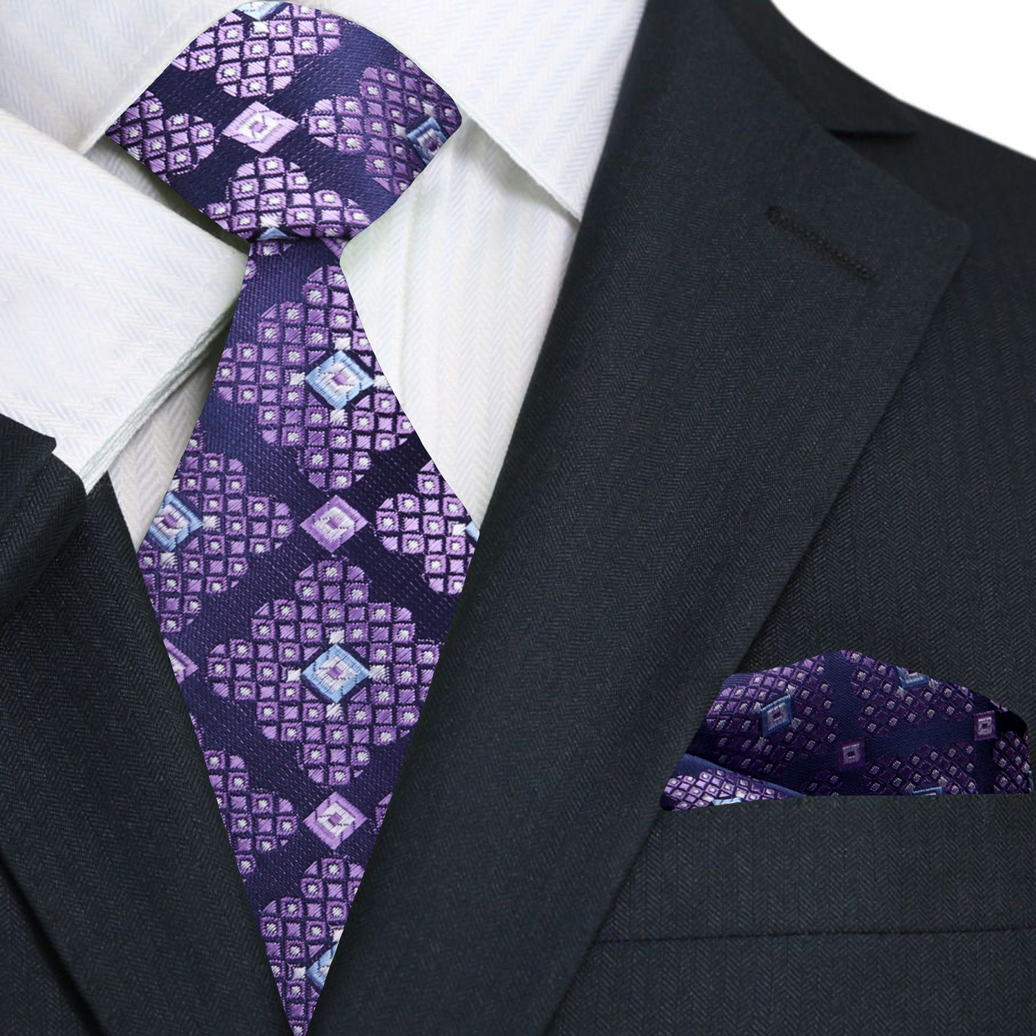 A stylish man wearing the purple geometric tie at a wedding, illustrating its perfect fit and modern design.