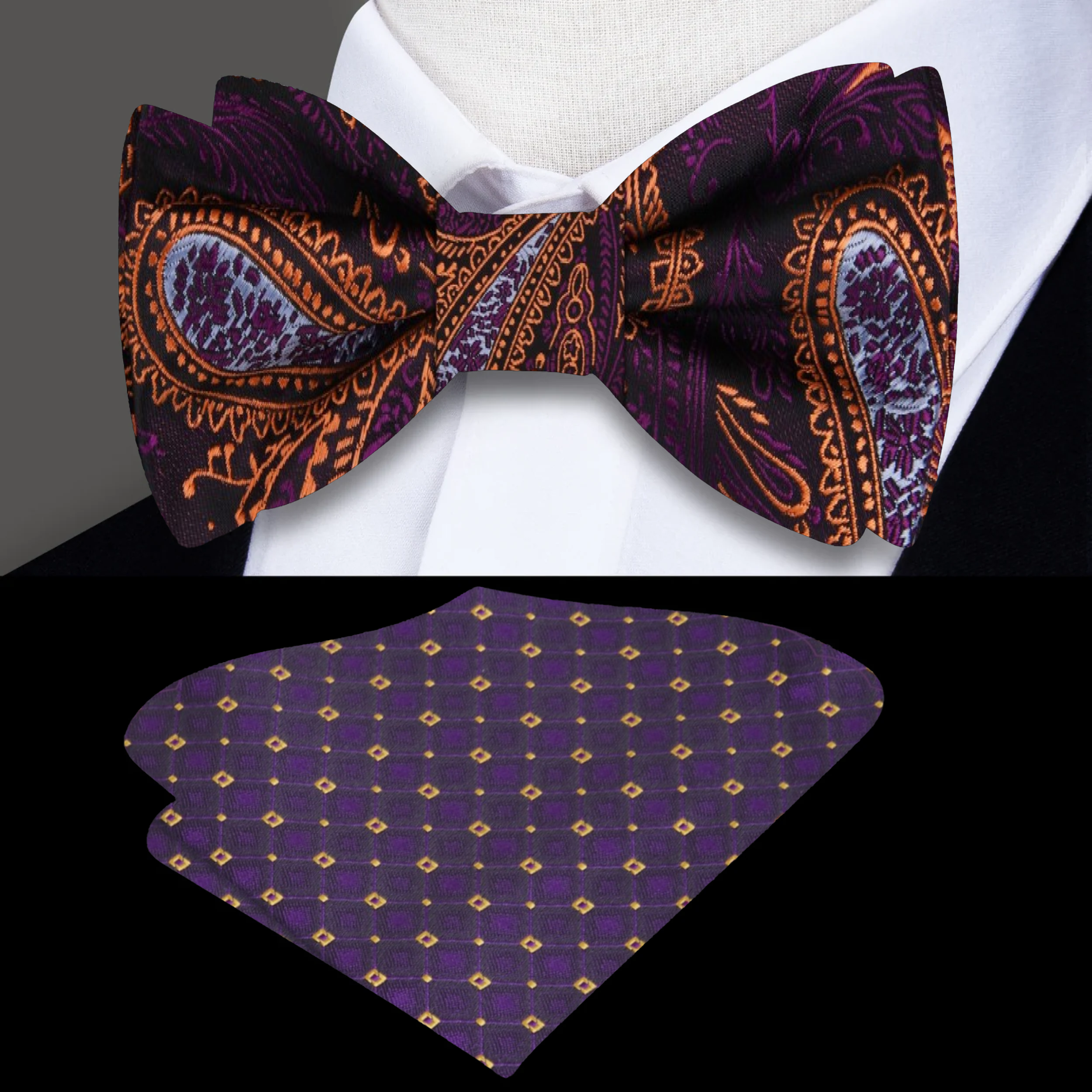 Close-up of the Royal Elegance paisley bow tie showcasing its intricate black, purple, and orange patterns.