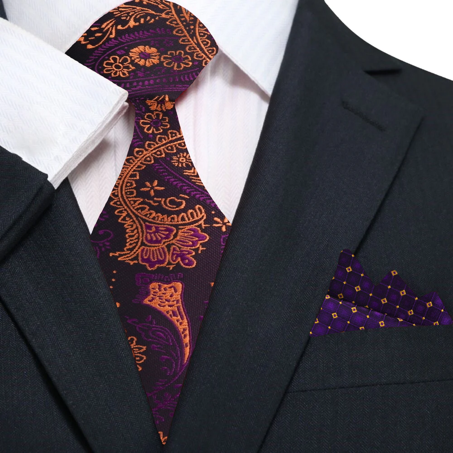 Close-up of the paisley pattern on the purple necktie, highlighting its vibrant colors.
