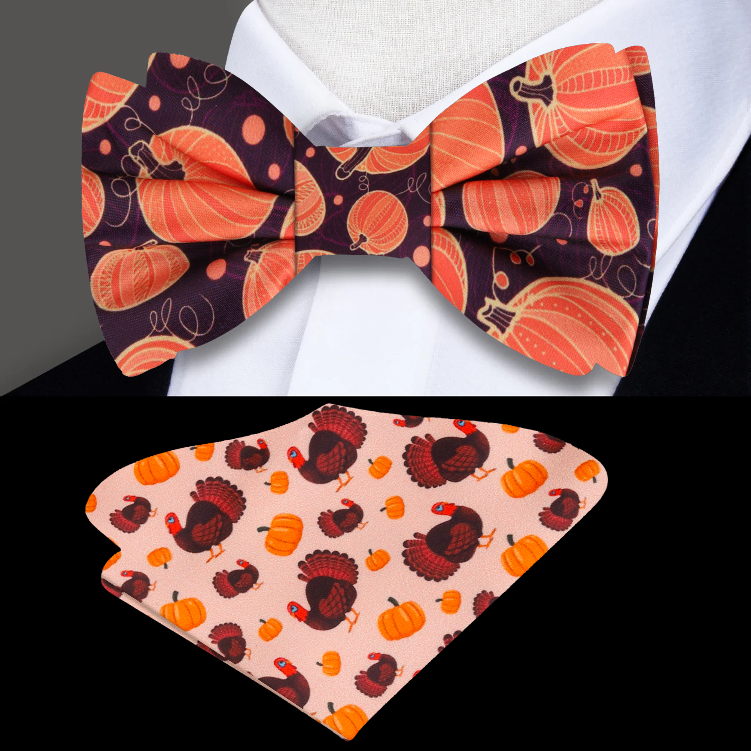 Close-up of the Autumn Harvest Pumpkin Bow Tie showcasing its vibrant pumpkin pattern against a rich backdrop.