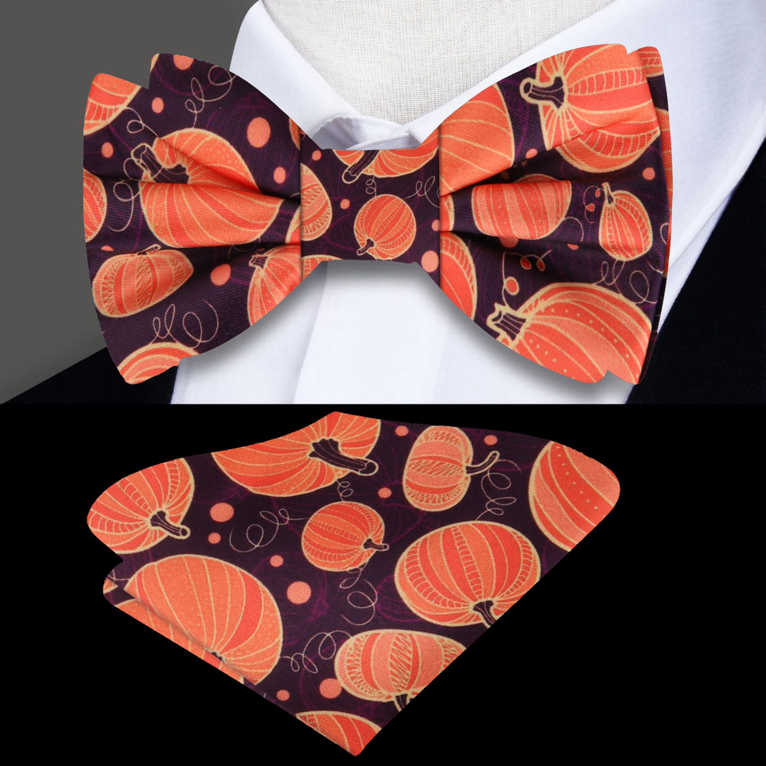 Styled Autumn Harvest Pumpkin Bow Tie paired with a crisp white dress shirt, ideal for fall events.