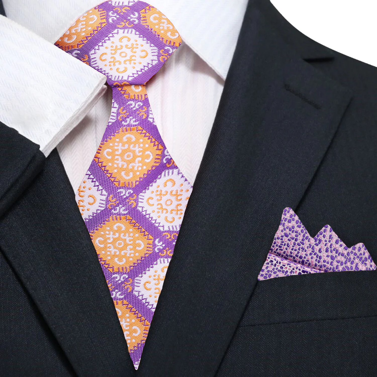 Man wearing a silk necktie with a bold geometric pattern for formal event