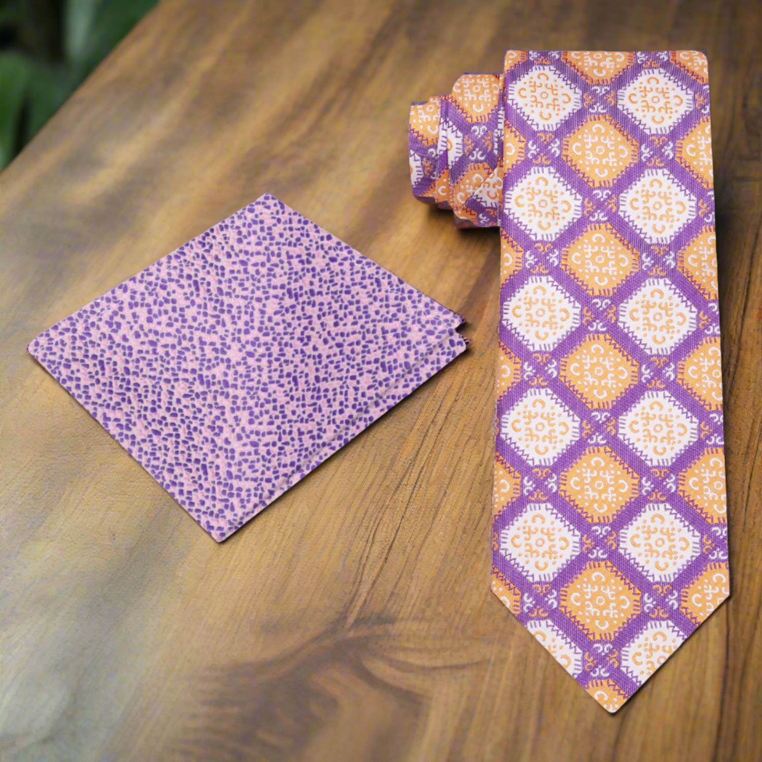 Close-up of silk fabric showcasing the vibrant colors and geometric design