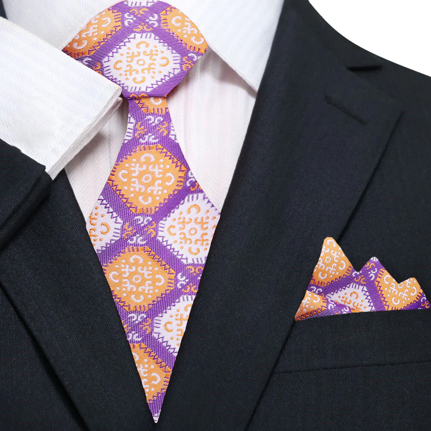 Front view of geometric tie with large diamond pattern in purple, orange, and cream