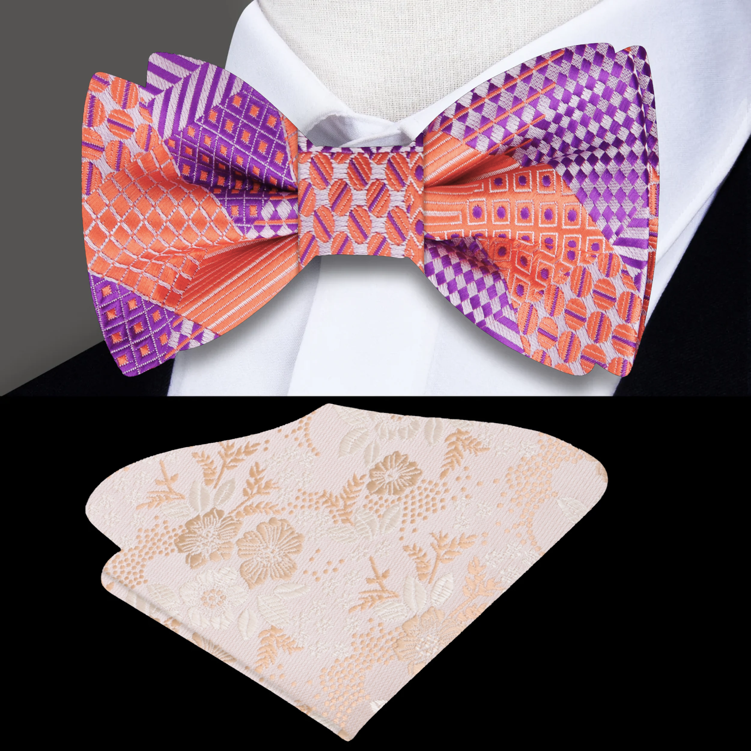 Close-up of a blue geometric silk bow tie on a model for wedding attire