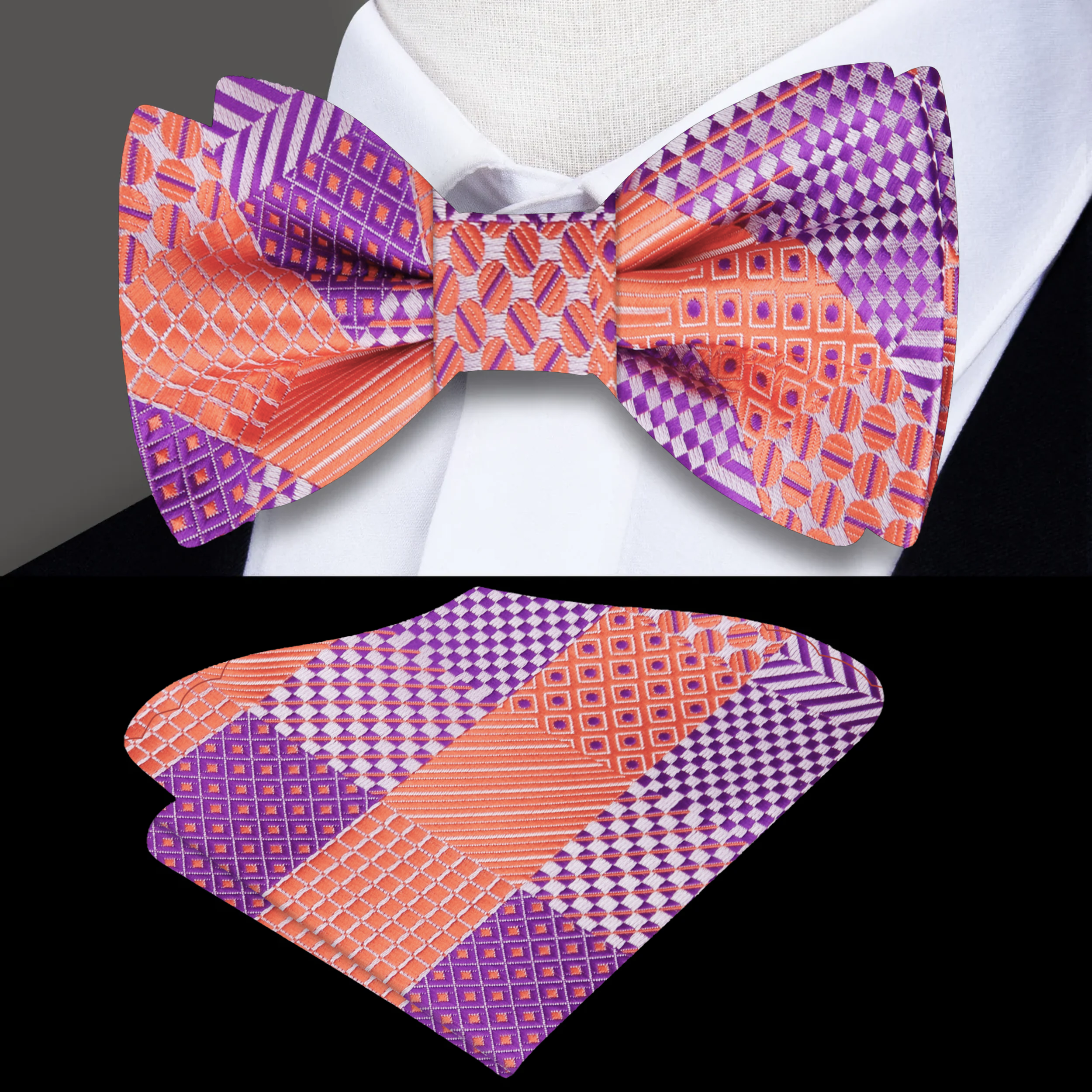 Fashionable geometric pattern bow tie paired with a dress shirt for elegant events