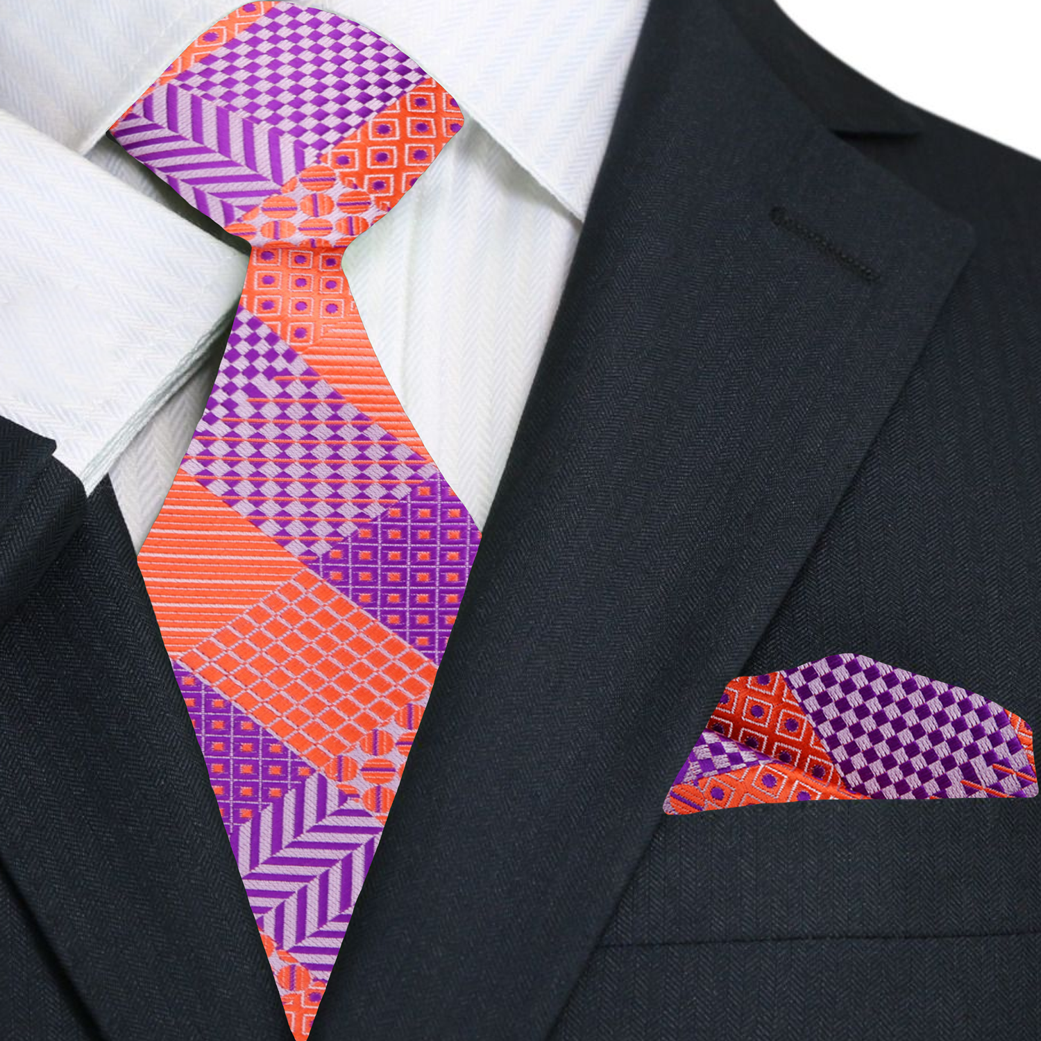 Front view of Malibu geometric silk tie showcasing its modern pattern