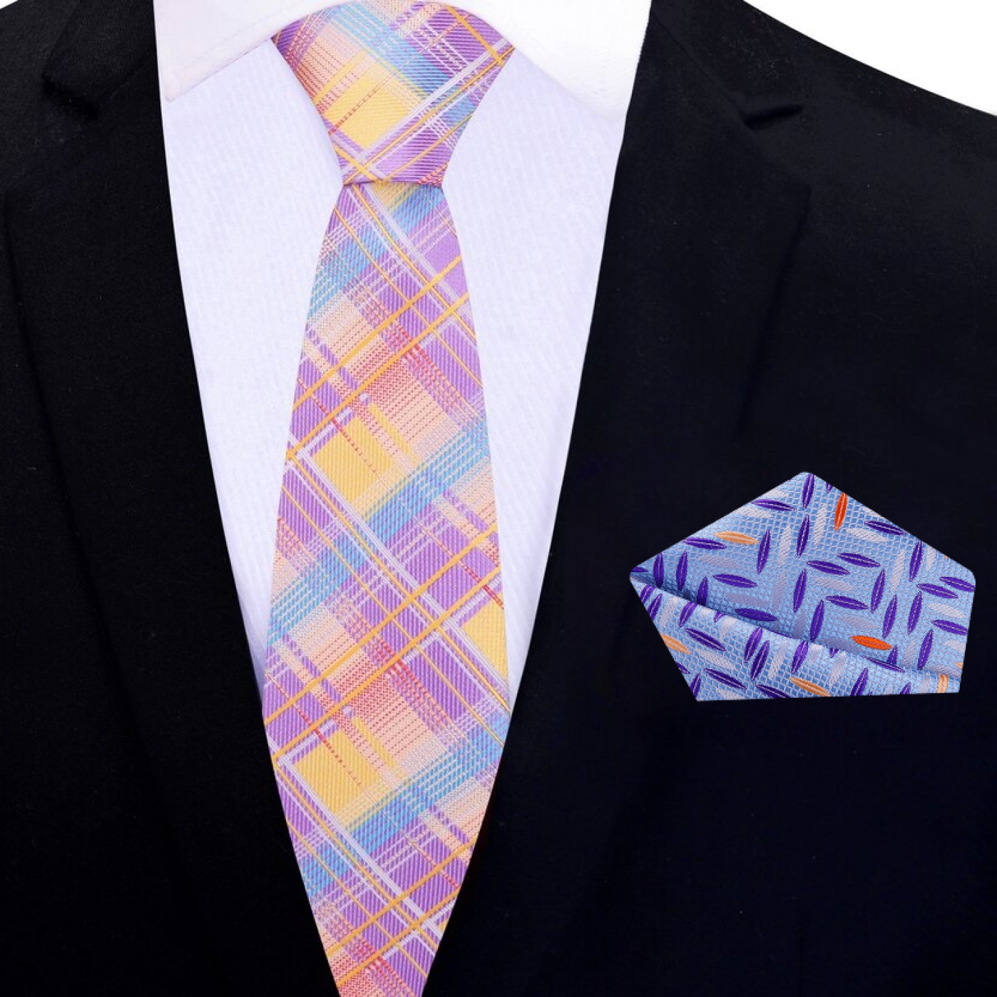 Elegant display of the silk necktie and matching pocket square in vibrant plaid design