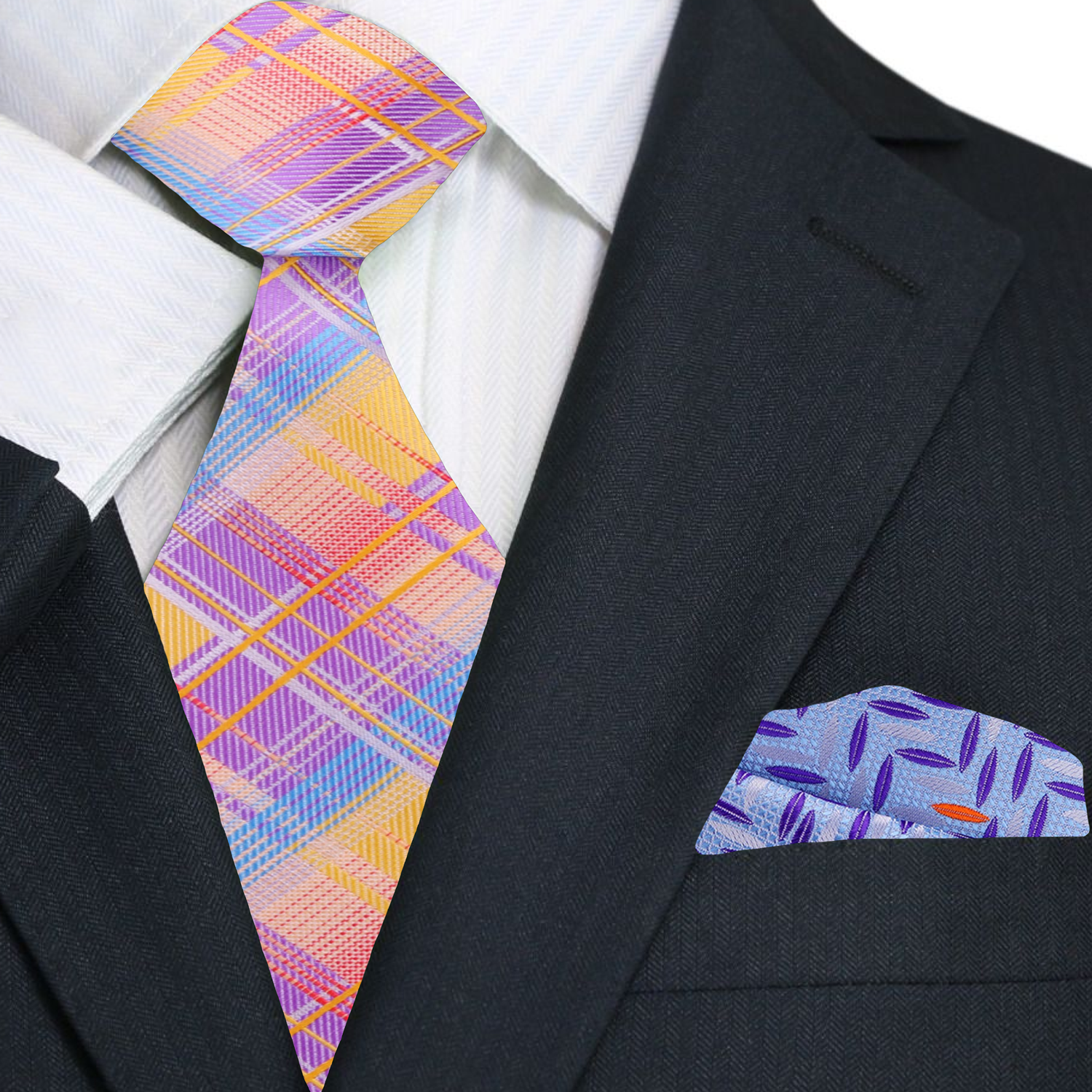 Model wearing the vibrant silk plaid tie with a white dress shirt and navy suit, suitable for business or wedding