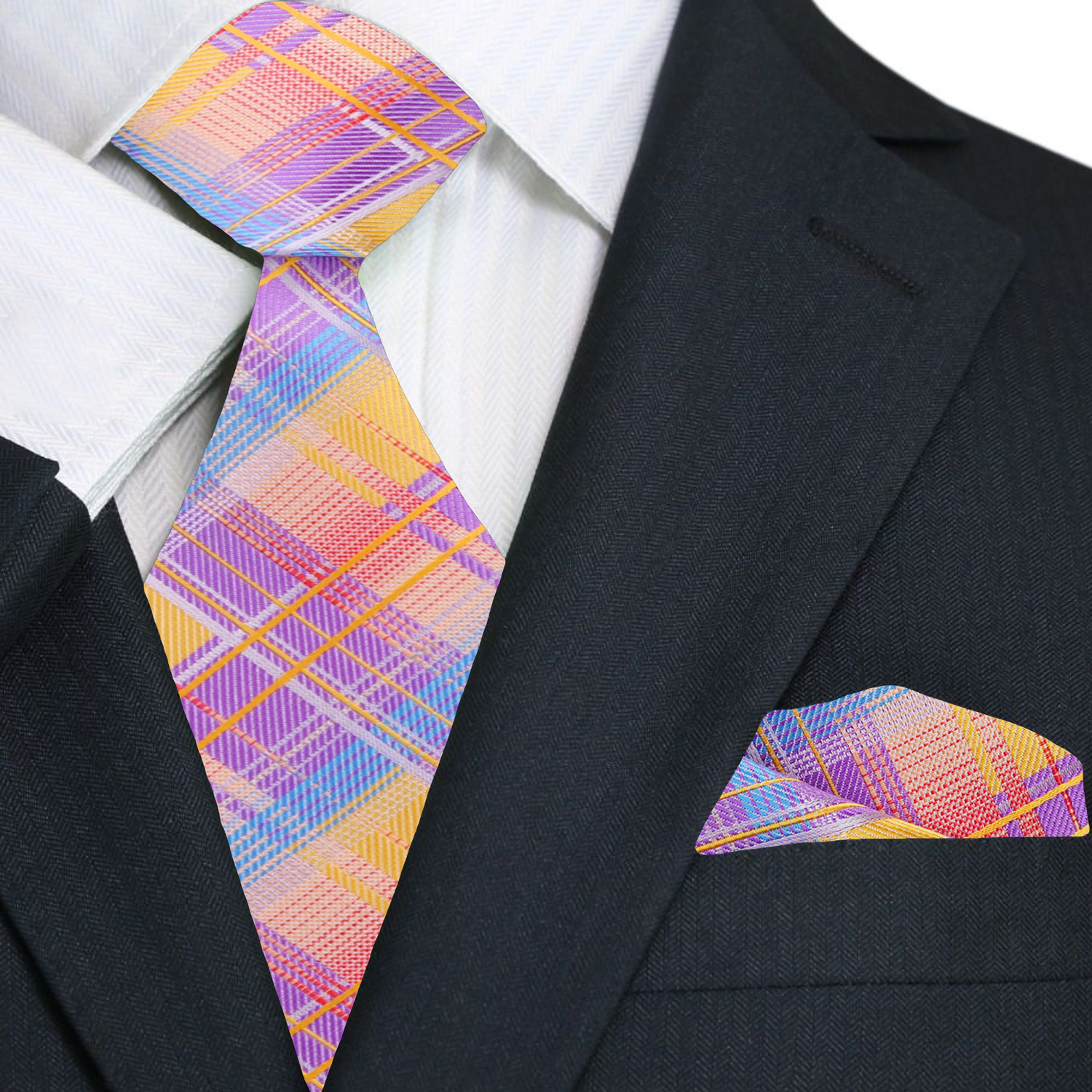 Close-up of Carlington silk plaid necktie in purple, orange, and blue showing detailed pattern
