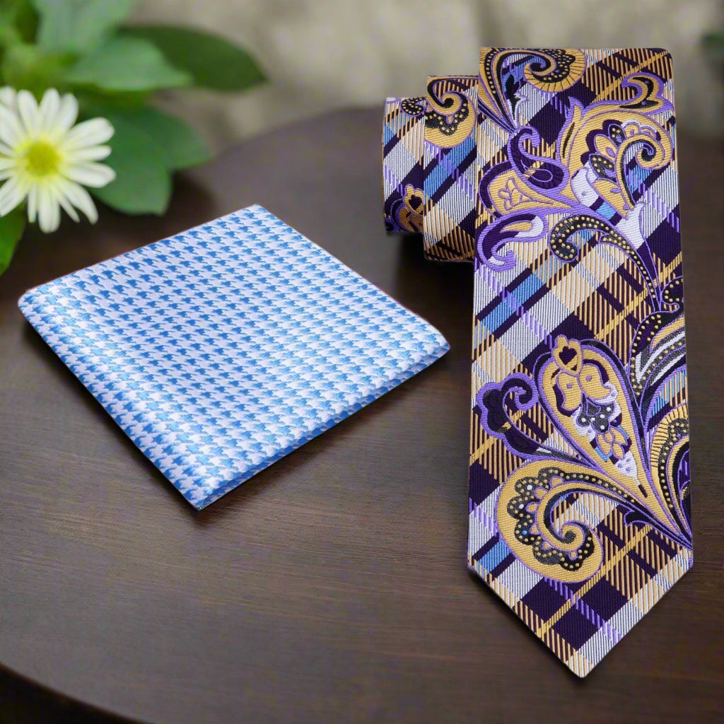 Vibrant paisley silk necktie displayed with matching pocket square options.