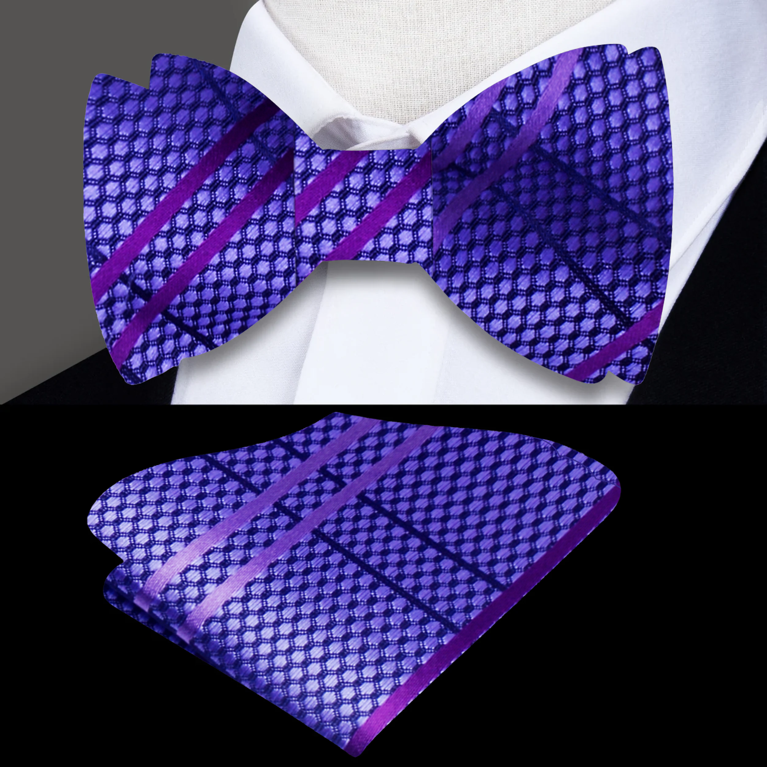Close-up of Warrenton plaid bow tie showing colorful pattern
