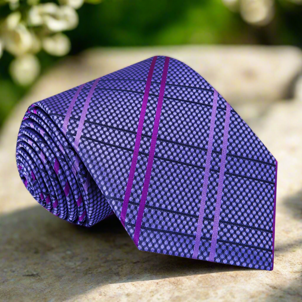 Lavender Elegance Plaid Necktie on a white background, highlighting the intricate plaid design.