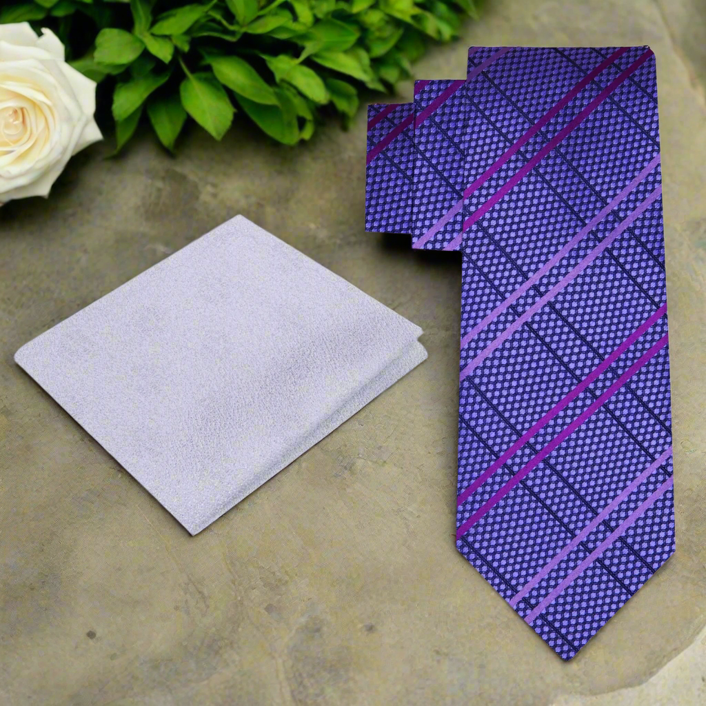 Lavender Elegance Plaid Necktie on a white background, highlighting the intricate plaid design.