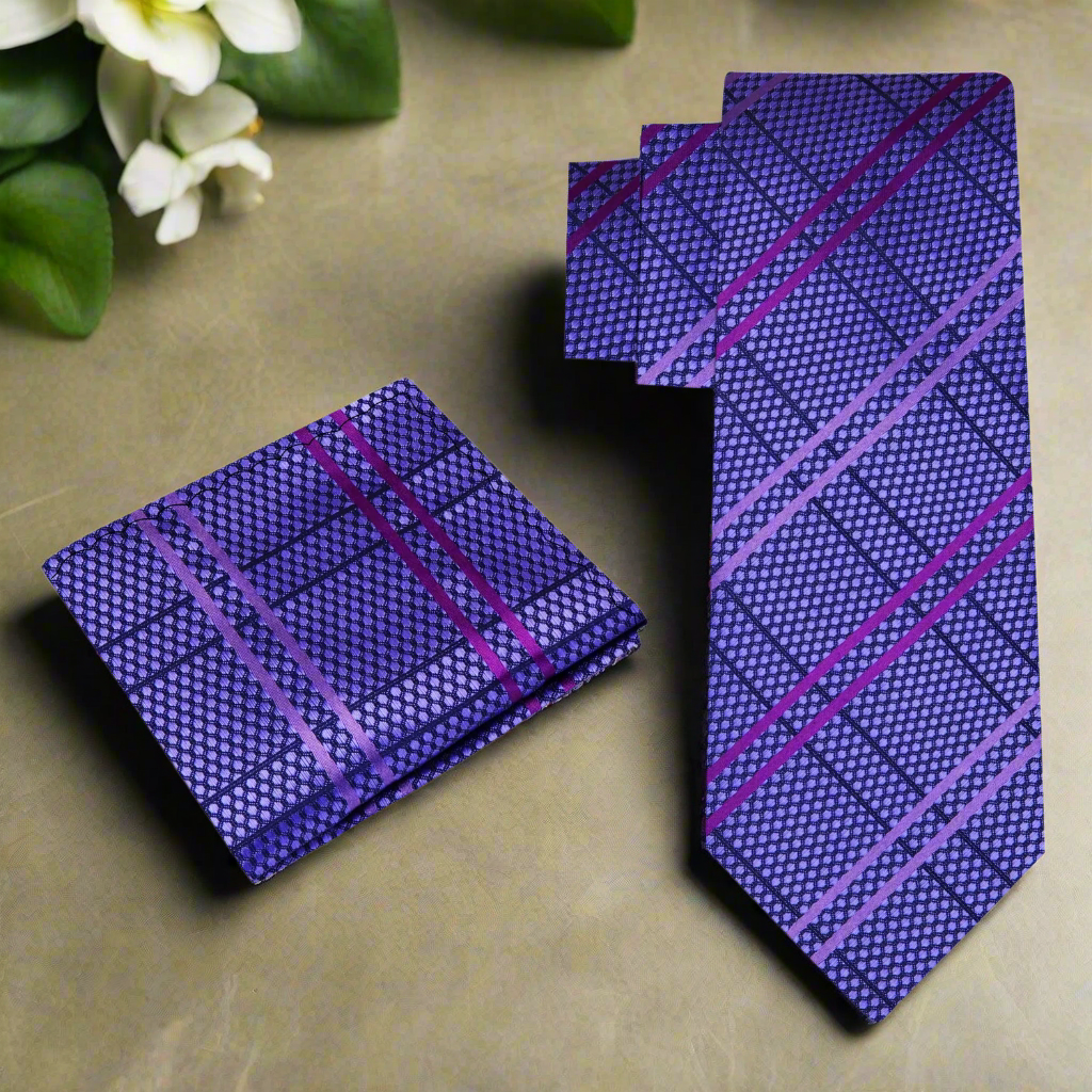 Lavender Elegance Plaid Necktie on a white background, highlighting the intricate plaid design.